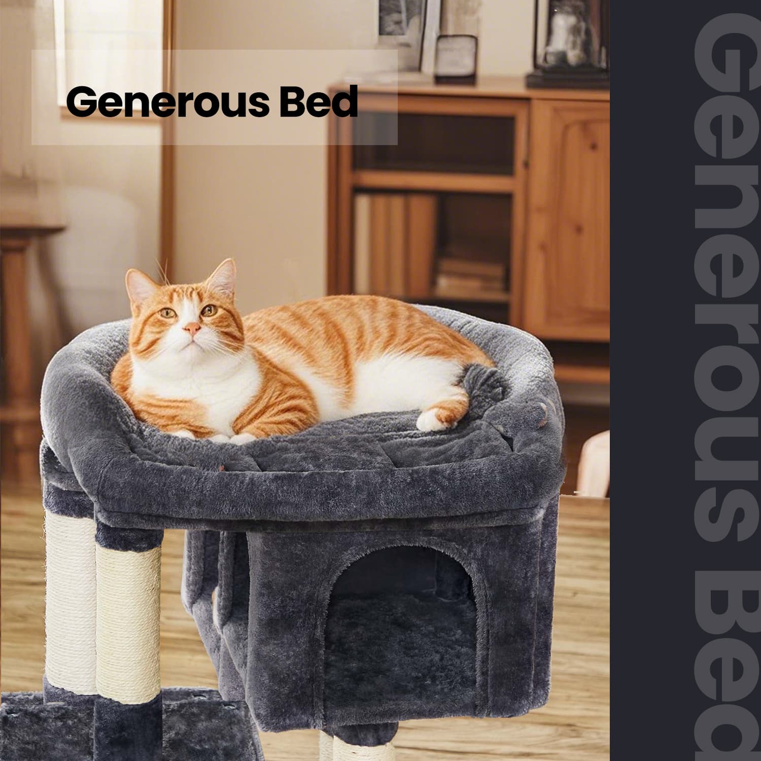 Cat Tree - Wood - Light Grey - Large Perch with Two Cat Caves and Scratching Post