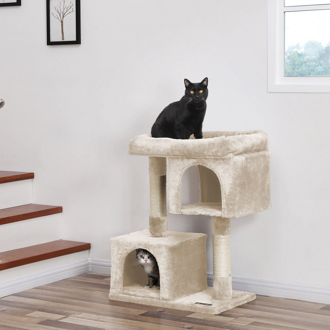 Cat Tree - Wood - Light Grey - Two Condos with Large Perch and Scratching Post