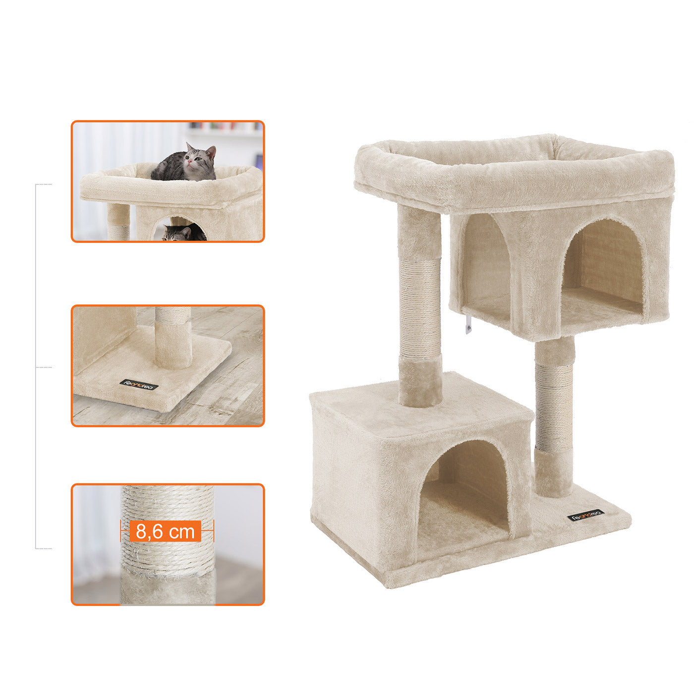 Cat Tree - Wood - Light Grey - Two Condos with Large Perch and Scratching Post