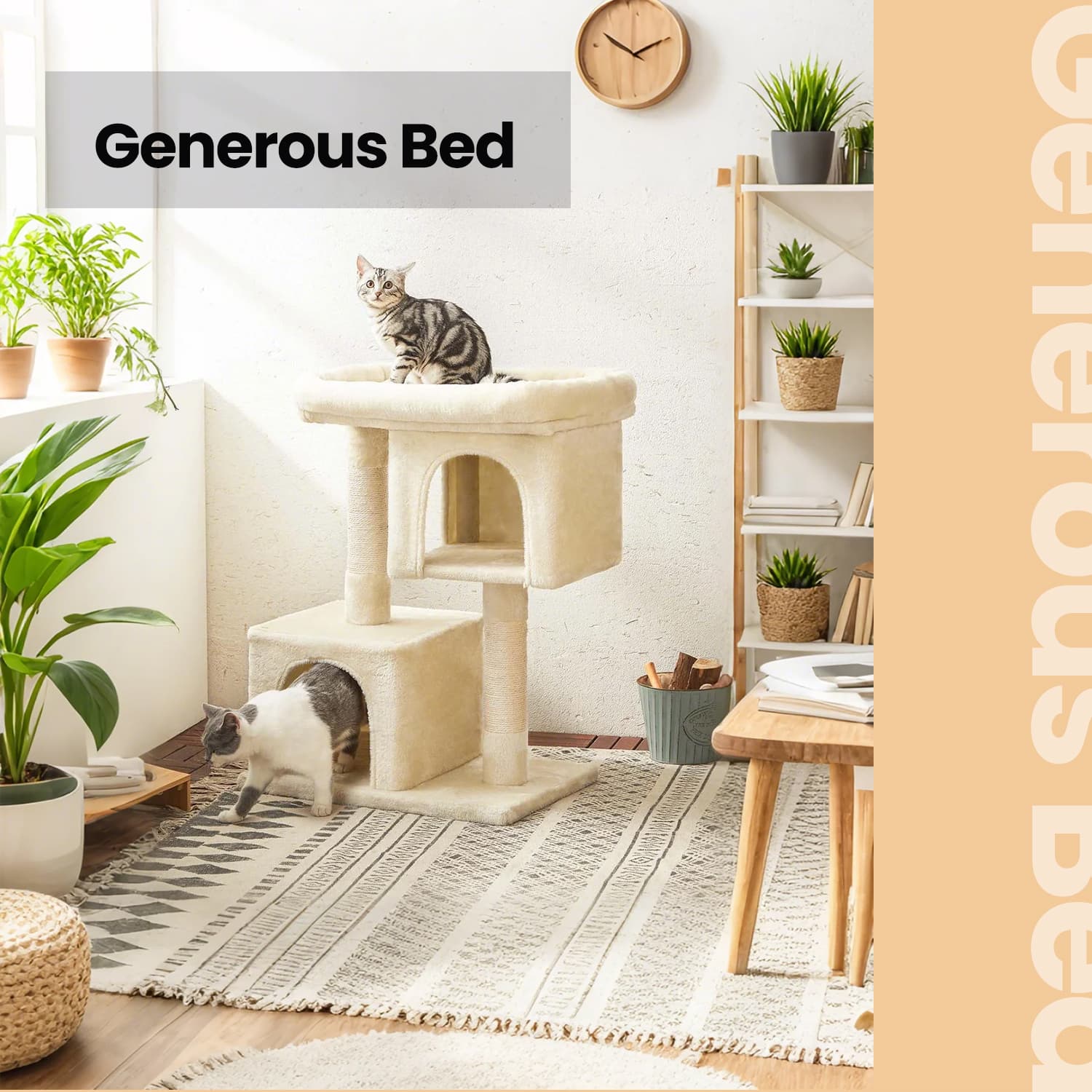 Cat Tree - Wood - Light Grey - Large Perch with Two Cat Caves and Scratching Post