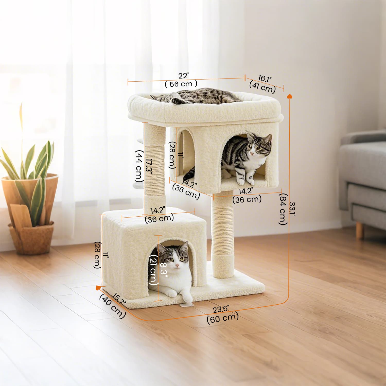 Cat Tree - Wood - Light Grey - Large Perch with Two Cat Caves and Scratching Post