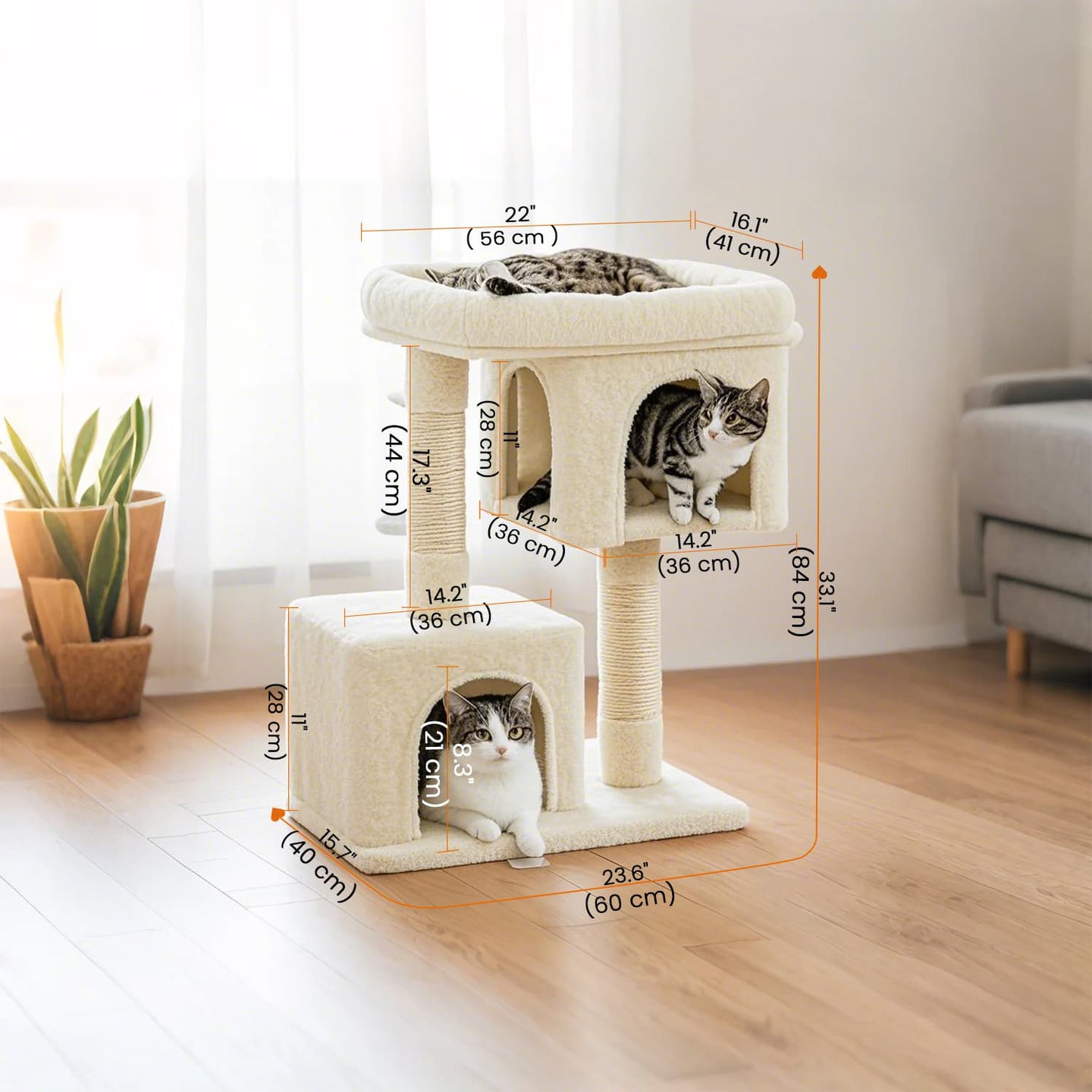 Cat Tree - Wood - Light Grey - Large Perch with Two Cat Caves and Scratching Post