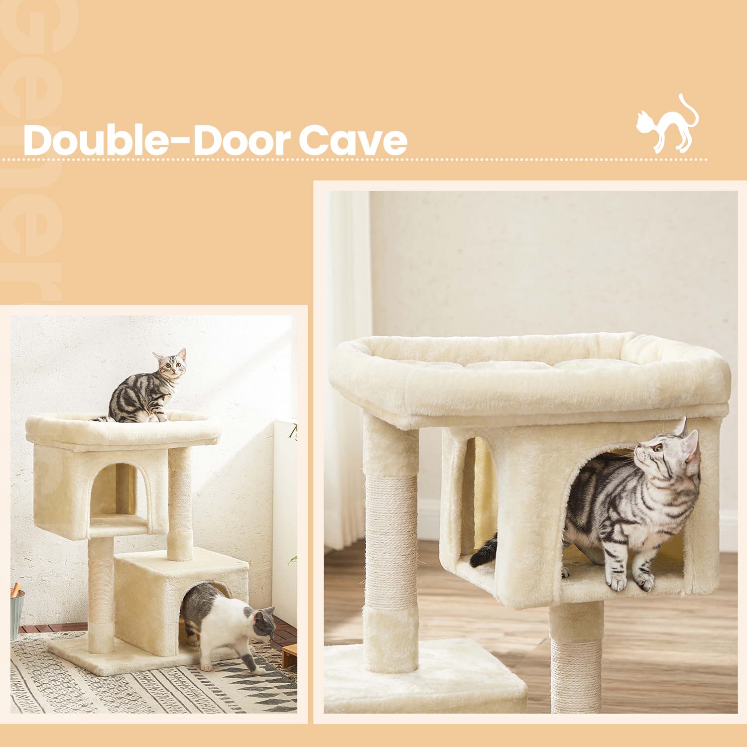 Cat Tree - Wood - Light Grey - Large Perch with Two Cat Caves and Scratching Post