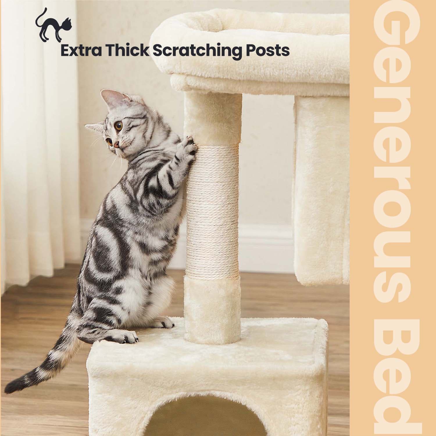 Cat Tree - Wood - Light Grey - Large Perch with Two Cat Caves and Scratching Post