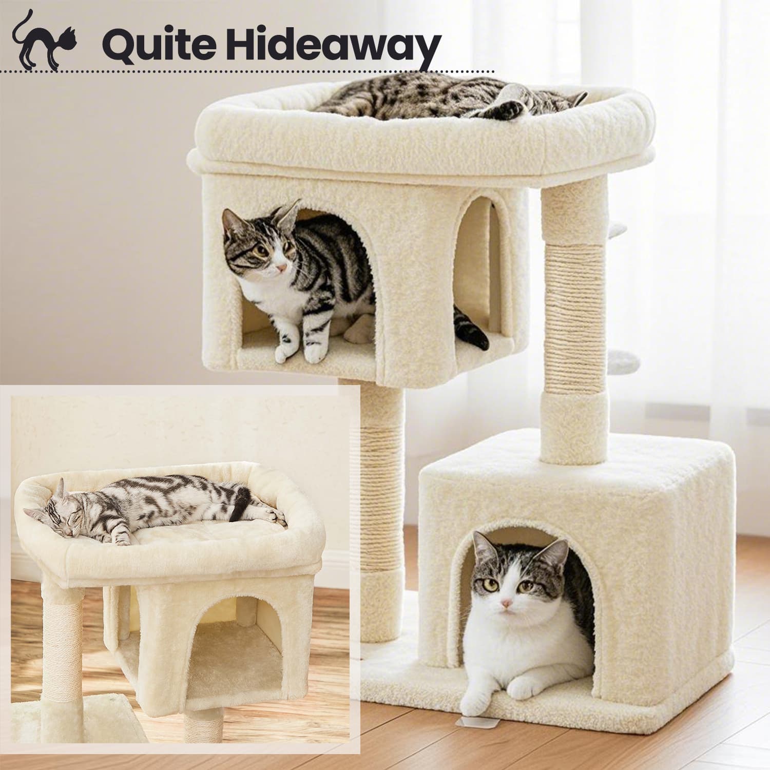 Cat Tree - Wood - Light Grey - Large Perch with Two Cat Caves and Scratching Post