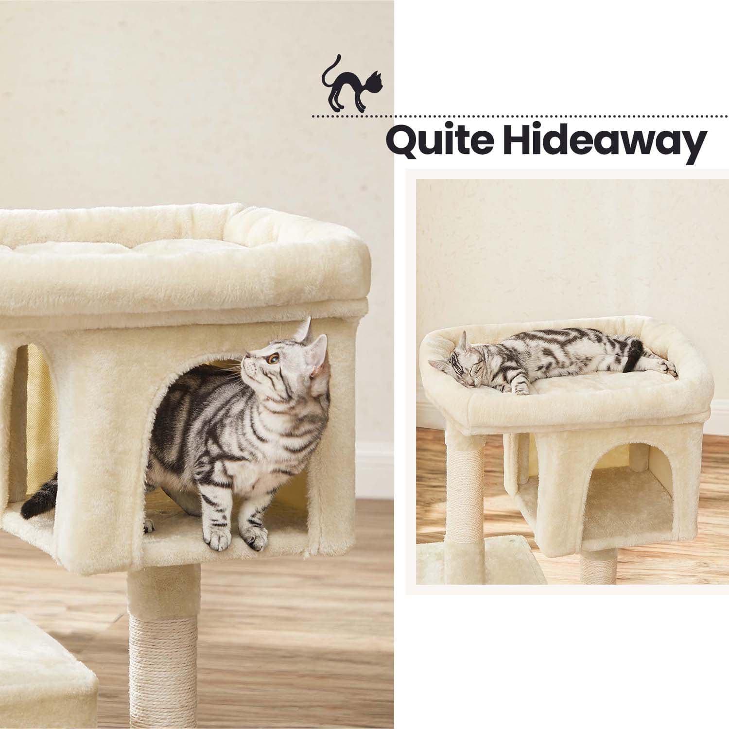 Cat Tree - Wood - Light Grey - Large Perch with Two Cat Caves and Scratching Post