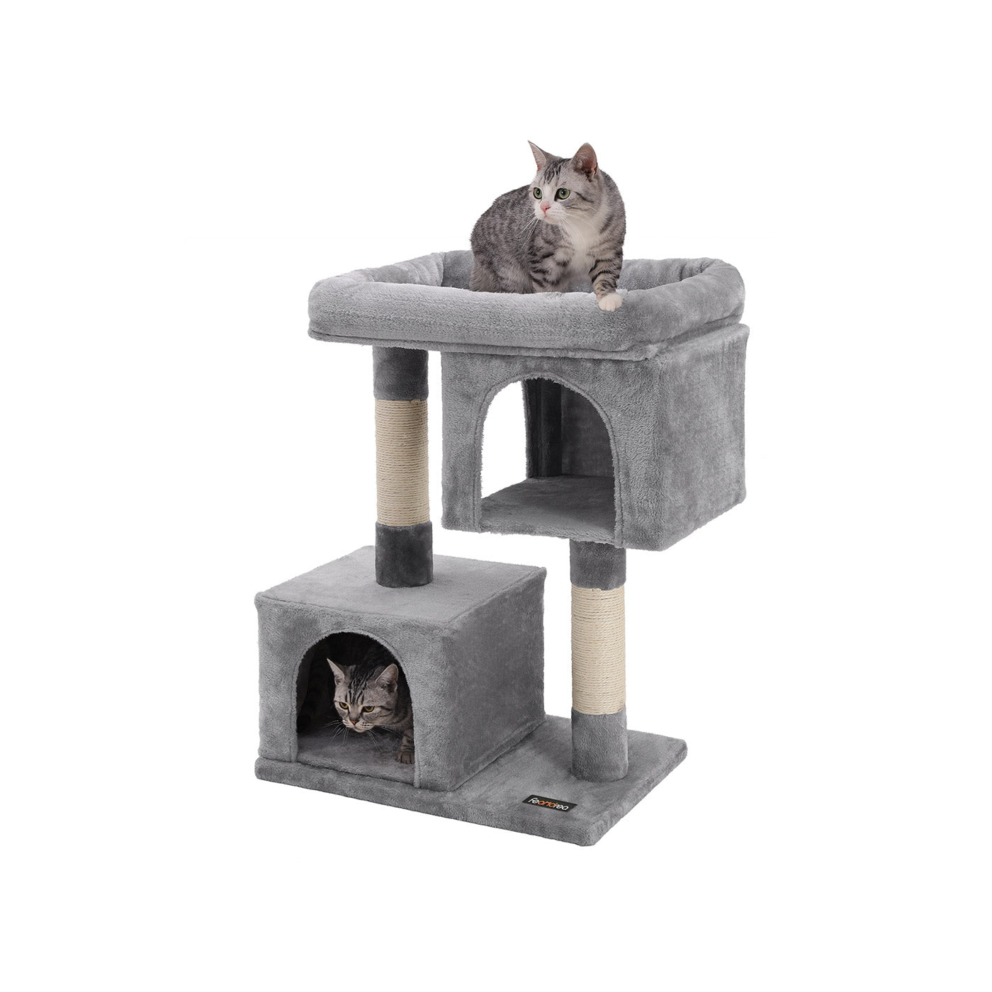 Cat Tree - Engineered Wood - Light Grey - Features Two Cat Caves and Large Perch