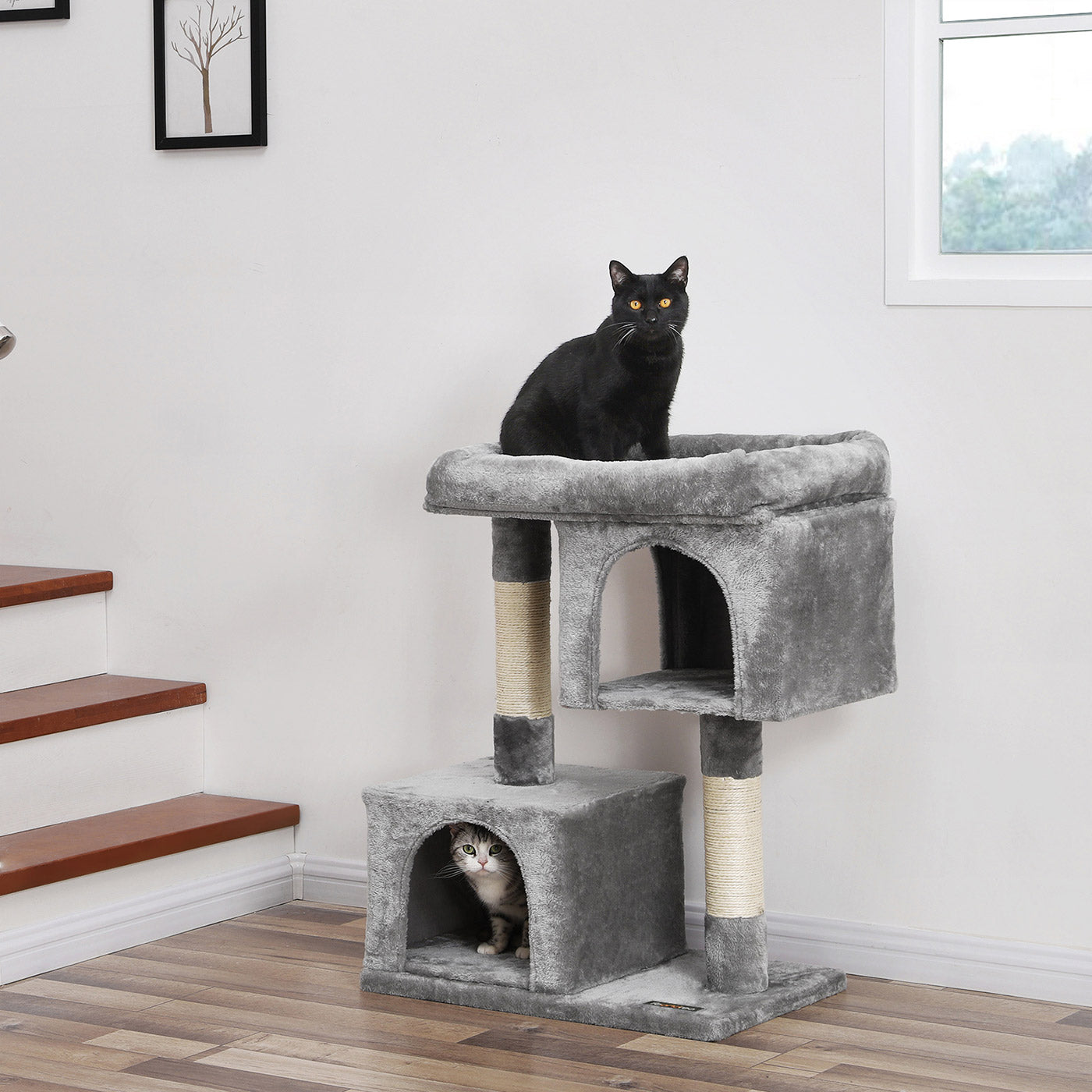 Cat Tree - Engineered Wood - Light Grey - Features Two Cat Caves and Large Perch