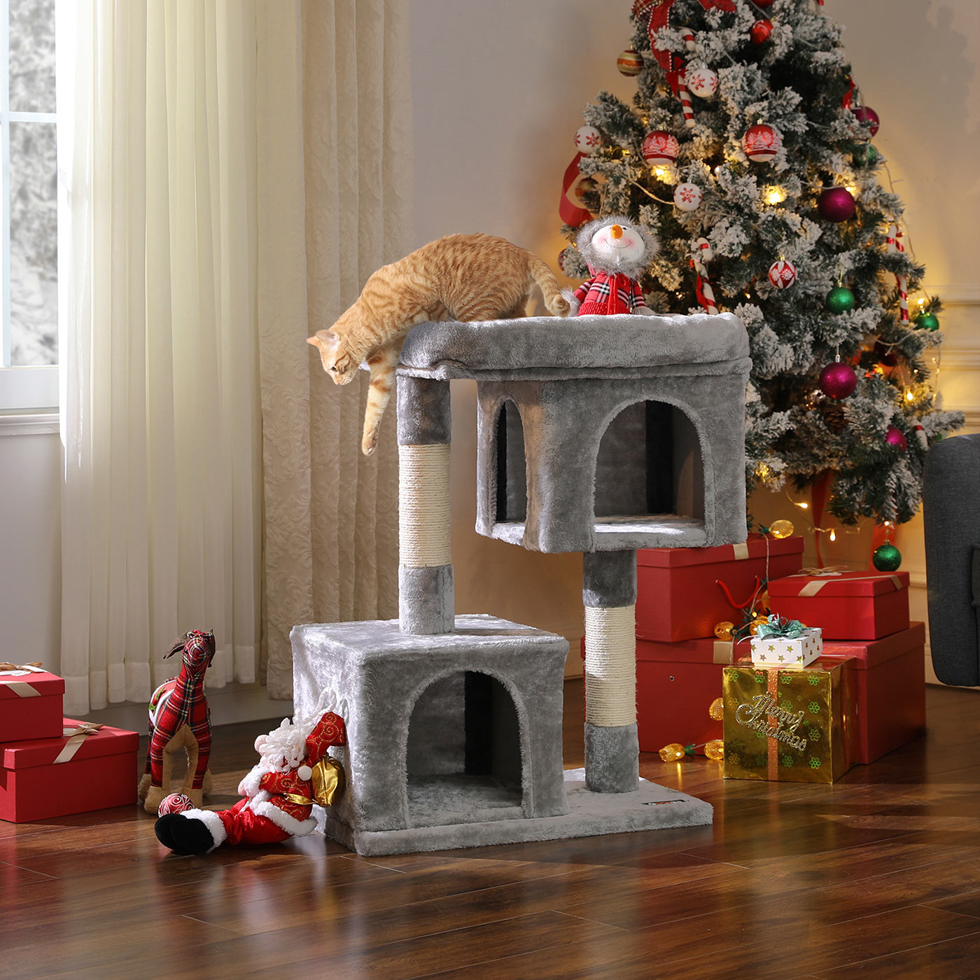 Cat Tree - Engineered Wood - Light Grey - Features Two Cat Caves and Large Perch