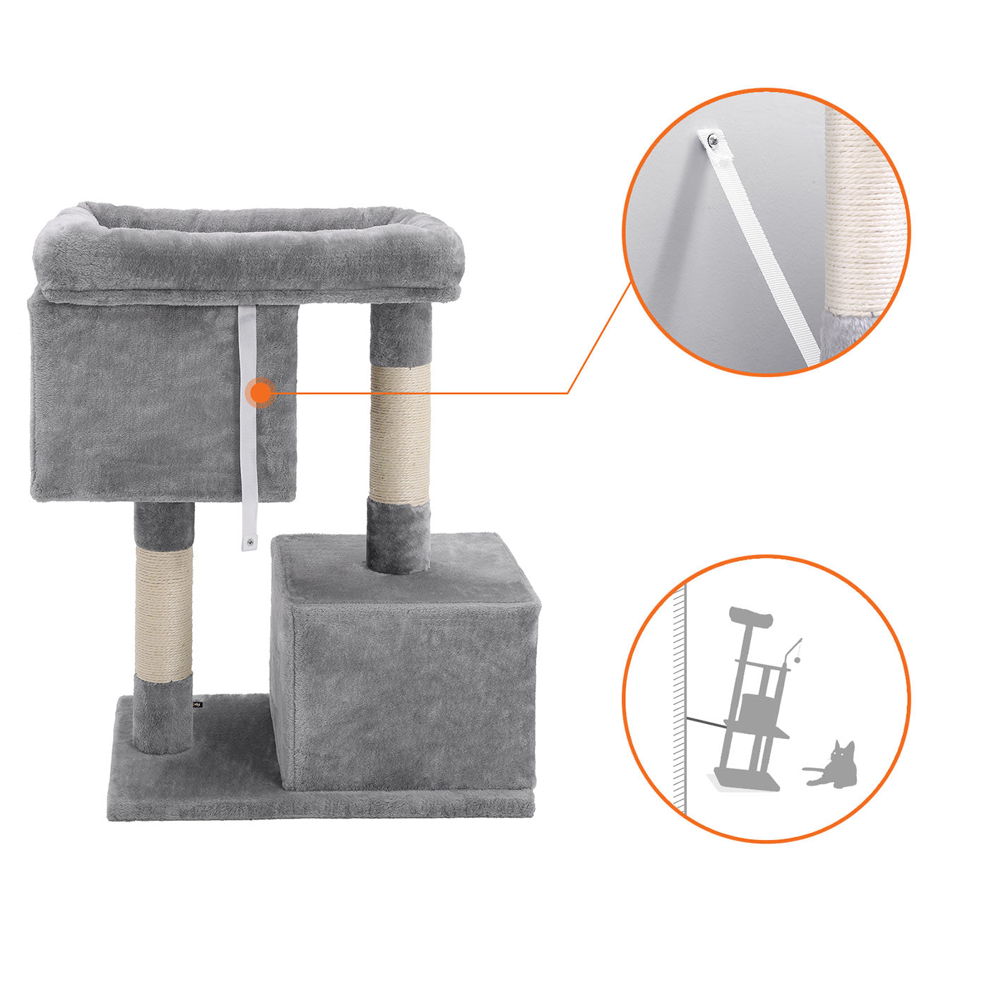 Cat Tree - Engineered Wood - Light Grey - Features Two Cat Caves and Large Perch