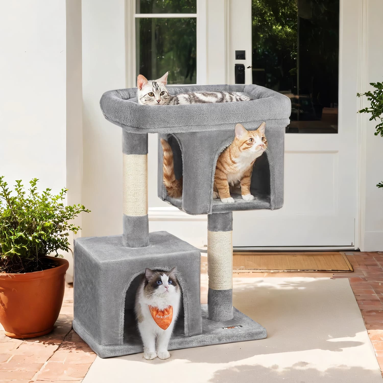 Cat Tree - Wood - Light Grey - Large Perch with Two Cat Caves and Scratching Post