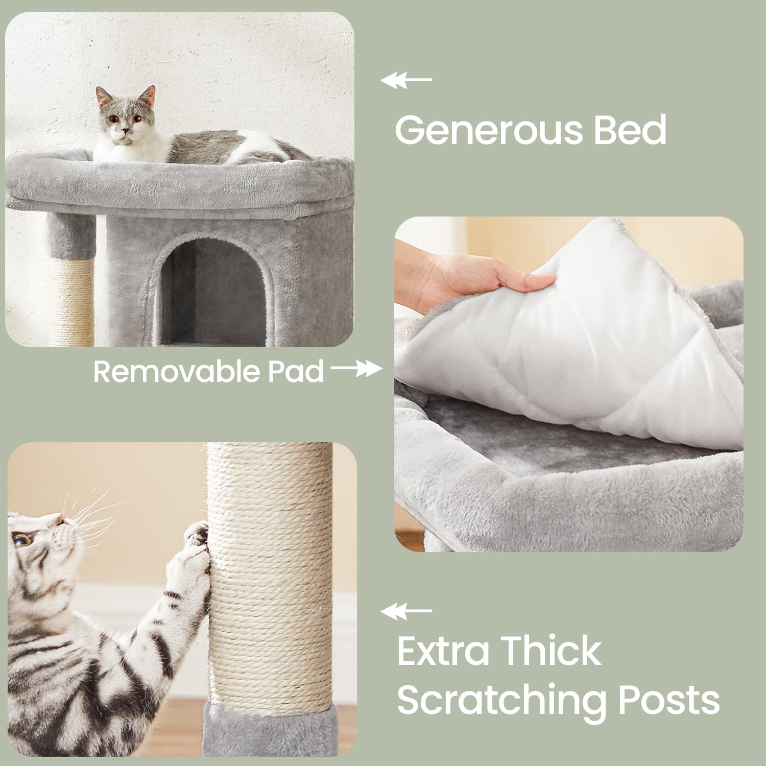 Cat Tree - Wood - Light Grey - Large Perch with Two Cat Caves and Scratching Post