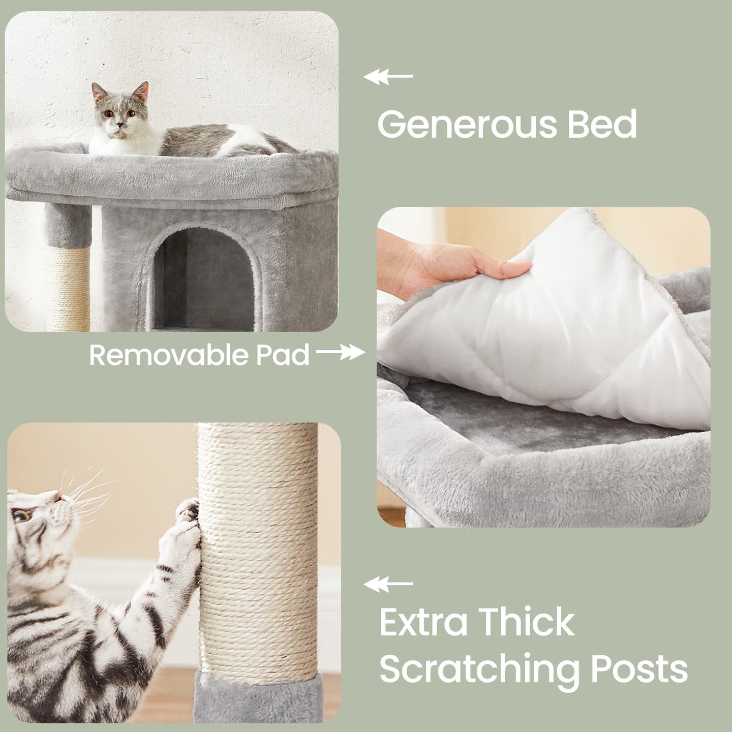 Cat Tree - Wood - Light Grey - Large Perch with Two Cat Caves and Scratching Post