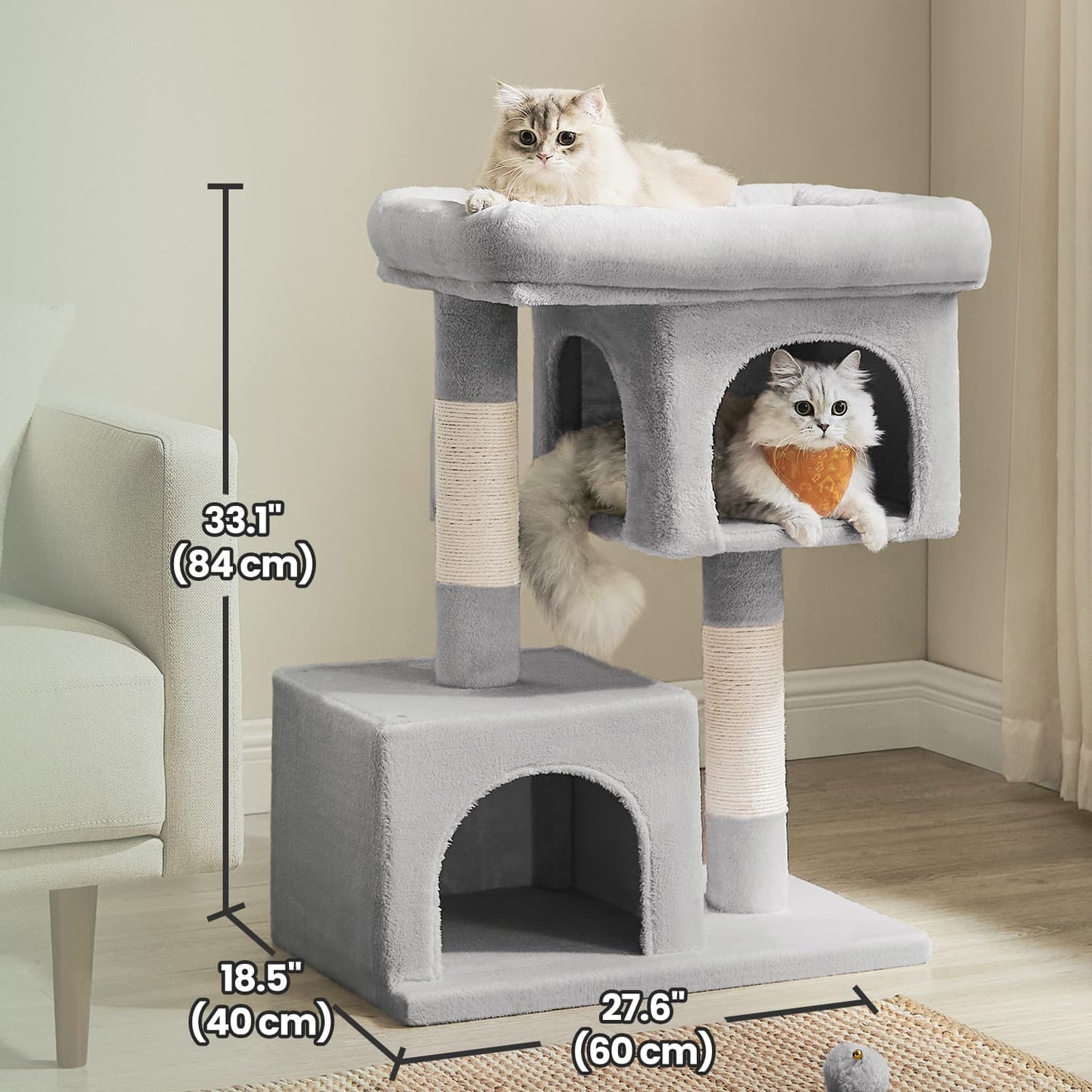 Cat Tree - Wood - Light Grey - Large Perch with Two Cat Caves and Scratching Post