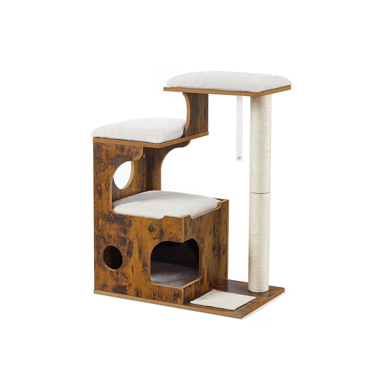 Cat Tree - MDF with Wood Veneer - Vintage Rustic Brown - Medium Tower with 3 Beds and Cave