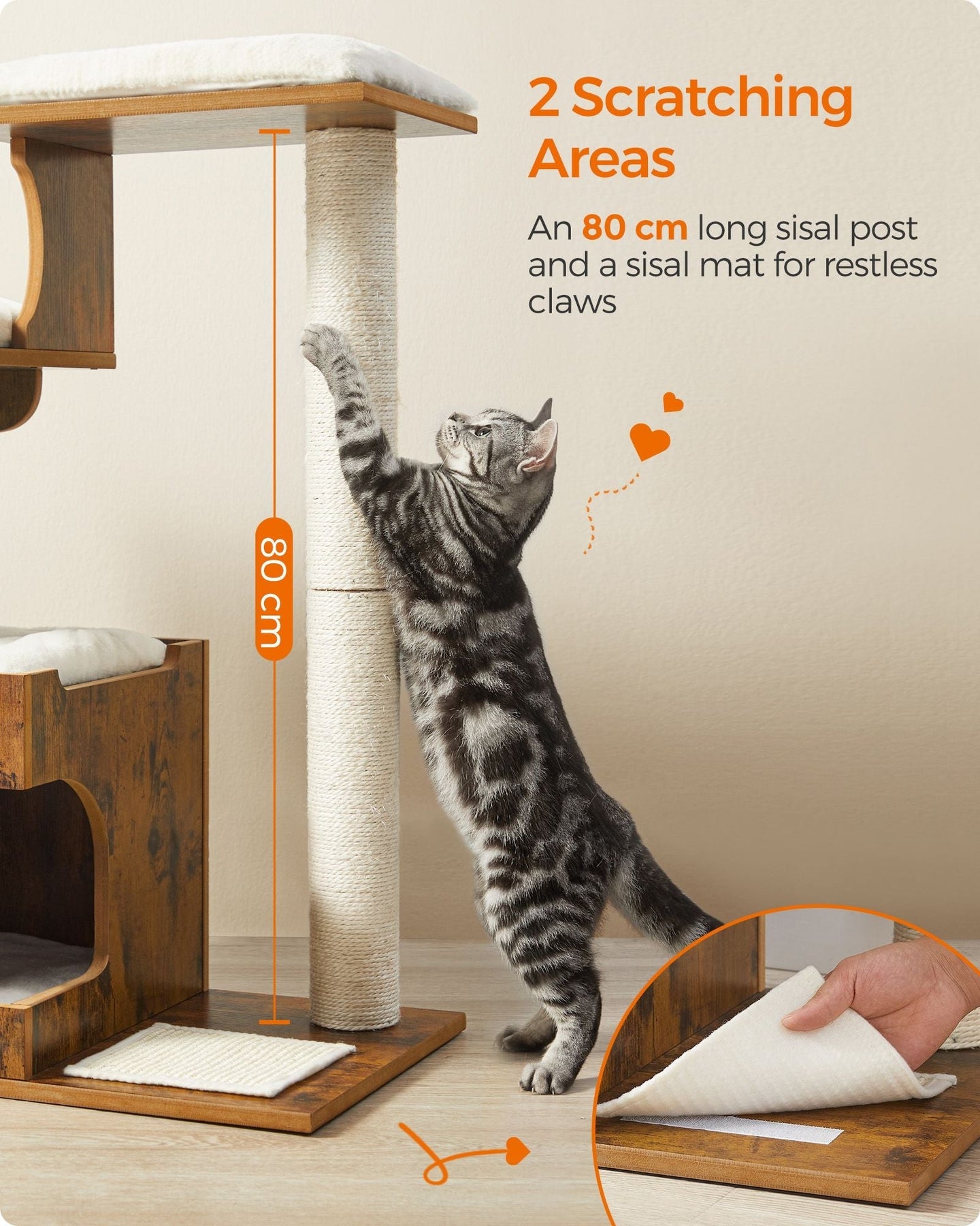 Cat Tree - MDF with Wood Veneer - Vintage Rustic Brown - Medium Tower with 3 Beds and Cave