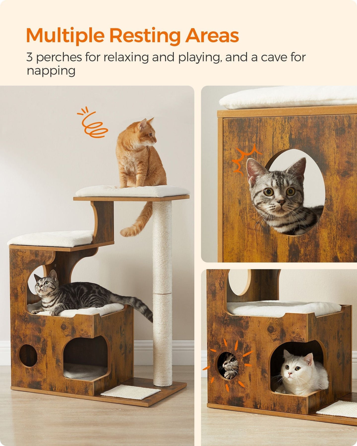 Cat Tree - MDF with Wood Veneer - Vintage Rustic Brown - Medium Tower with 3 Beds and Cave