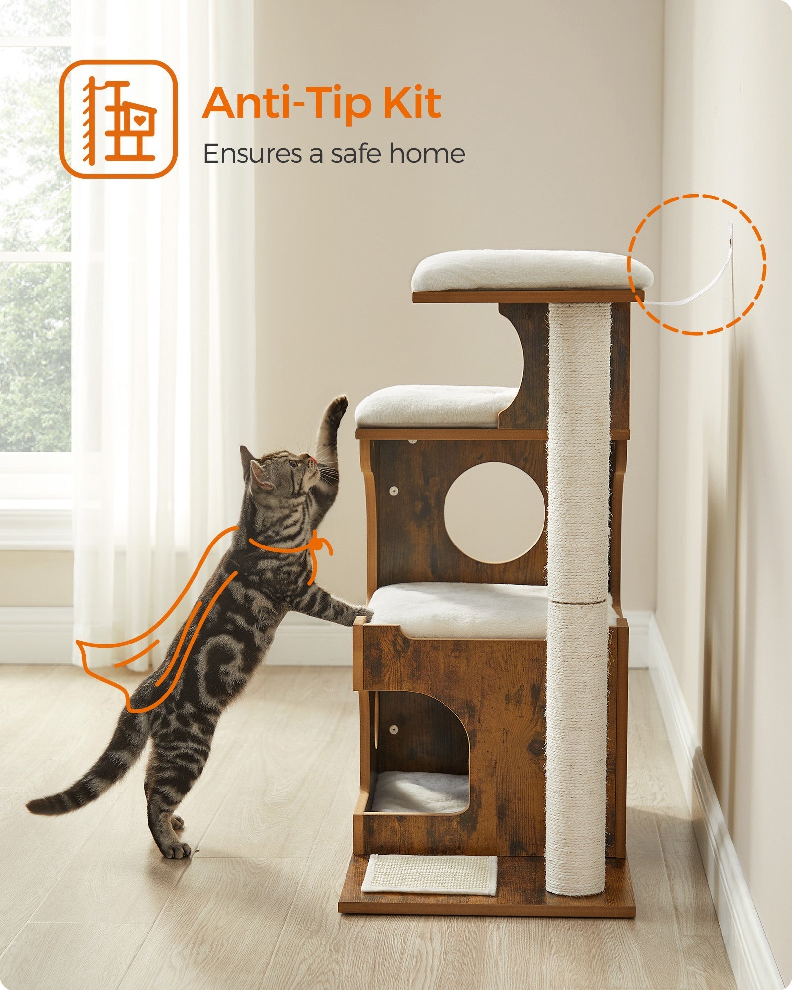 Cat Tree - MDF with Wood Veneer - Vintage Rustic Brown - Medium Tower with 3 Beds and Cave