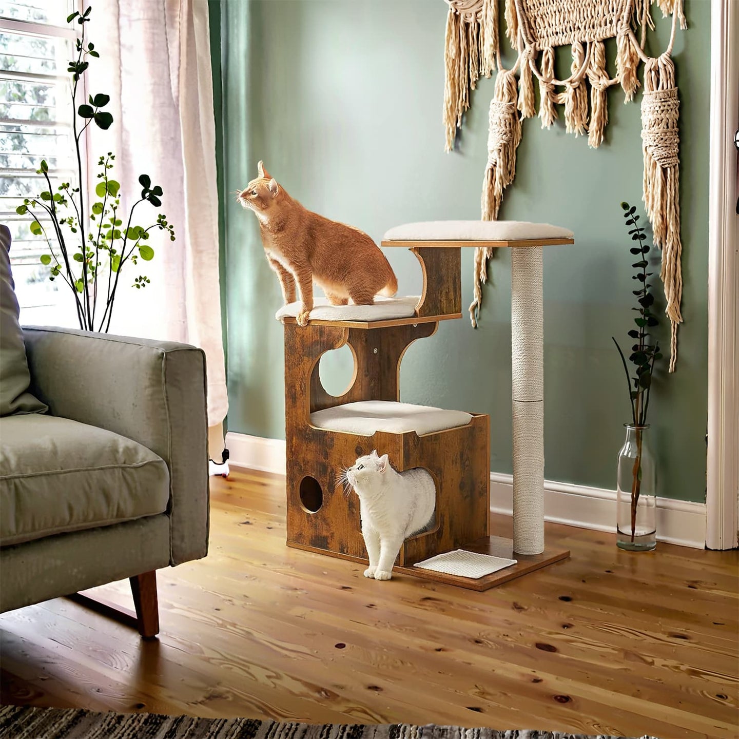 Cat Tree Tower - MDF with Wood Veneer - Rustic Brown - Features 3 Perches