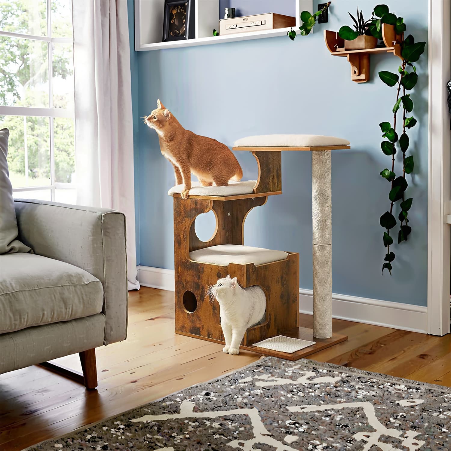 Cat Tree Tower - MDF with Wood Veneer - Rustic Brown - Features 3 Perches