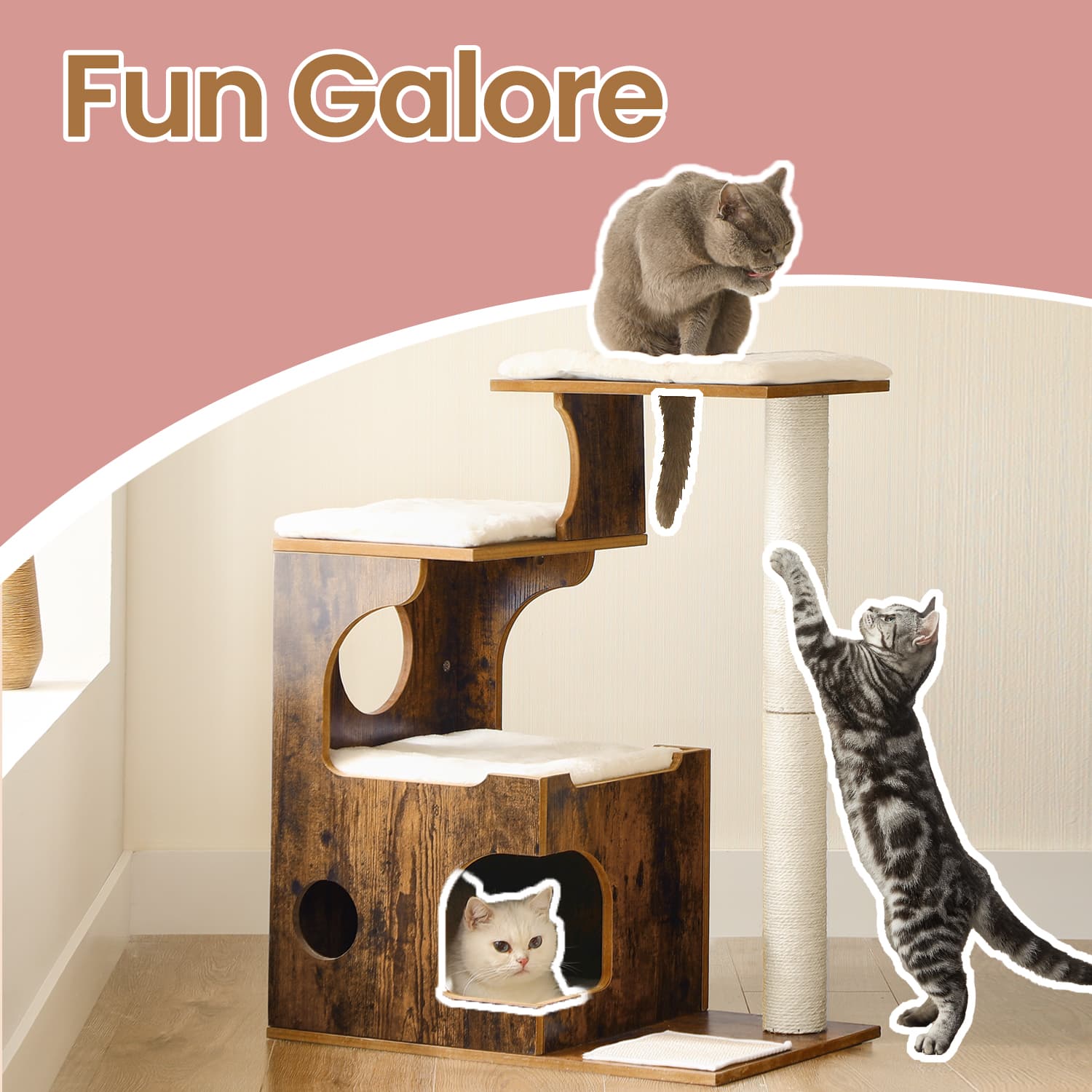 Cat Tree Tower - MDF with Wood Veneer - Rustic Brown - Features 3 Perches