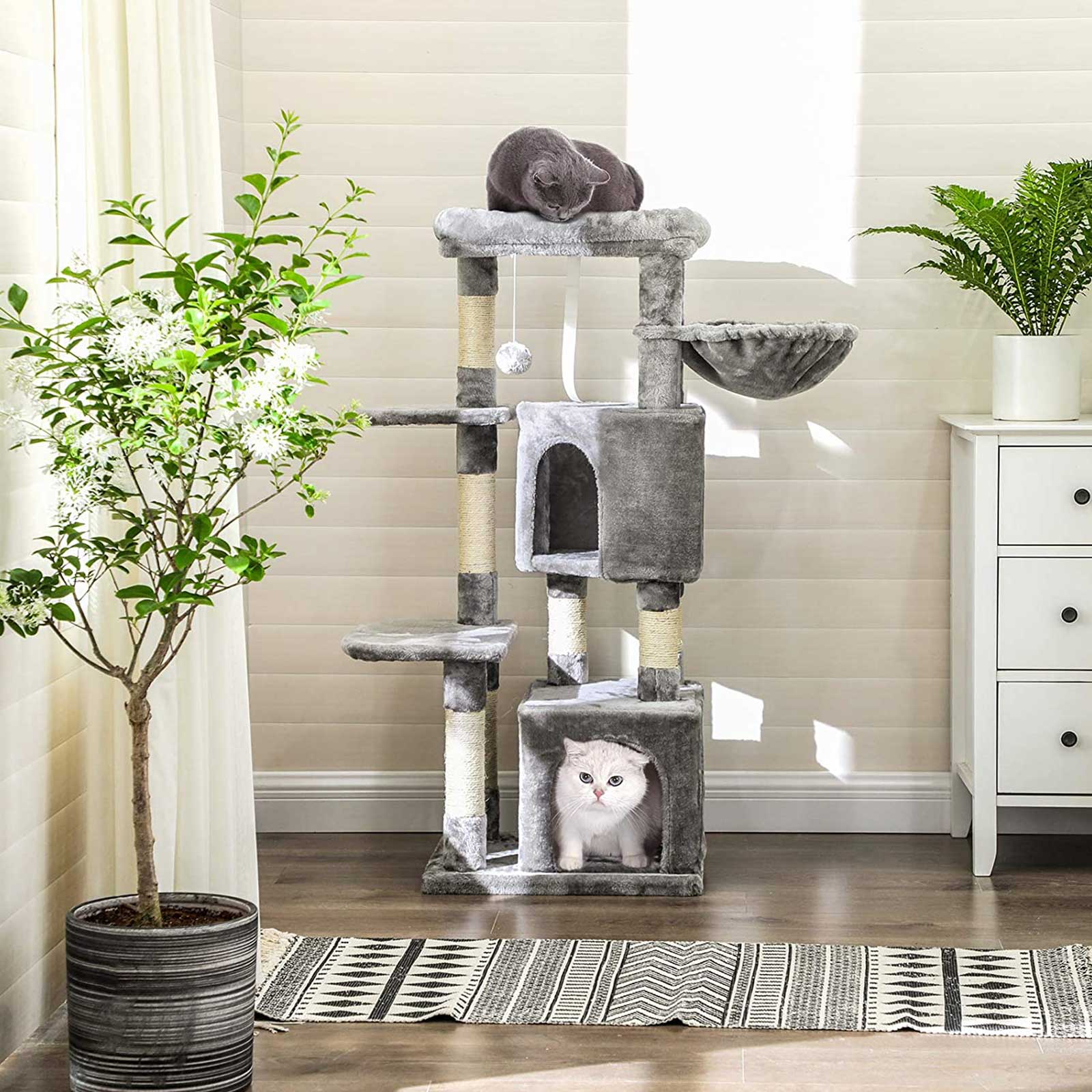 Cat Activity Centre - Particle Board - Light Grey - With Hammock and Multiple Levels