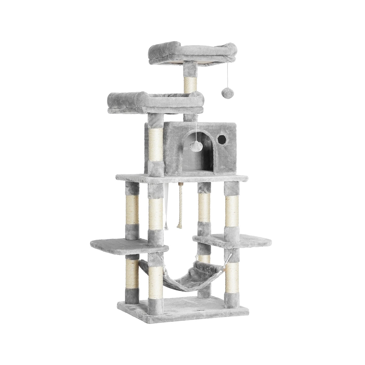 Large Cat Tower - Engineered Wood - Light Grey - Includes Scratching Post and Pompoms