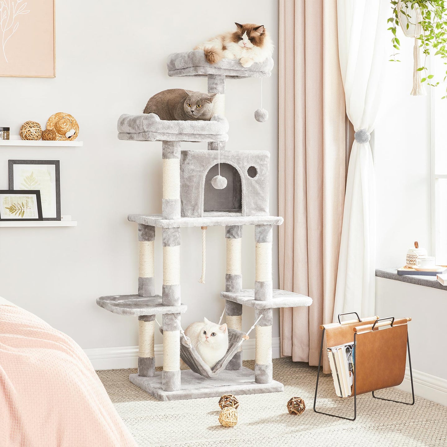 Large Cat Tower - Engineered Wood - Light Grey - Includes Scratching Post and Pompoms