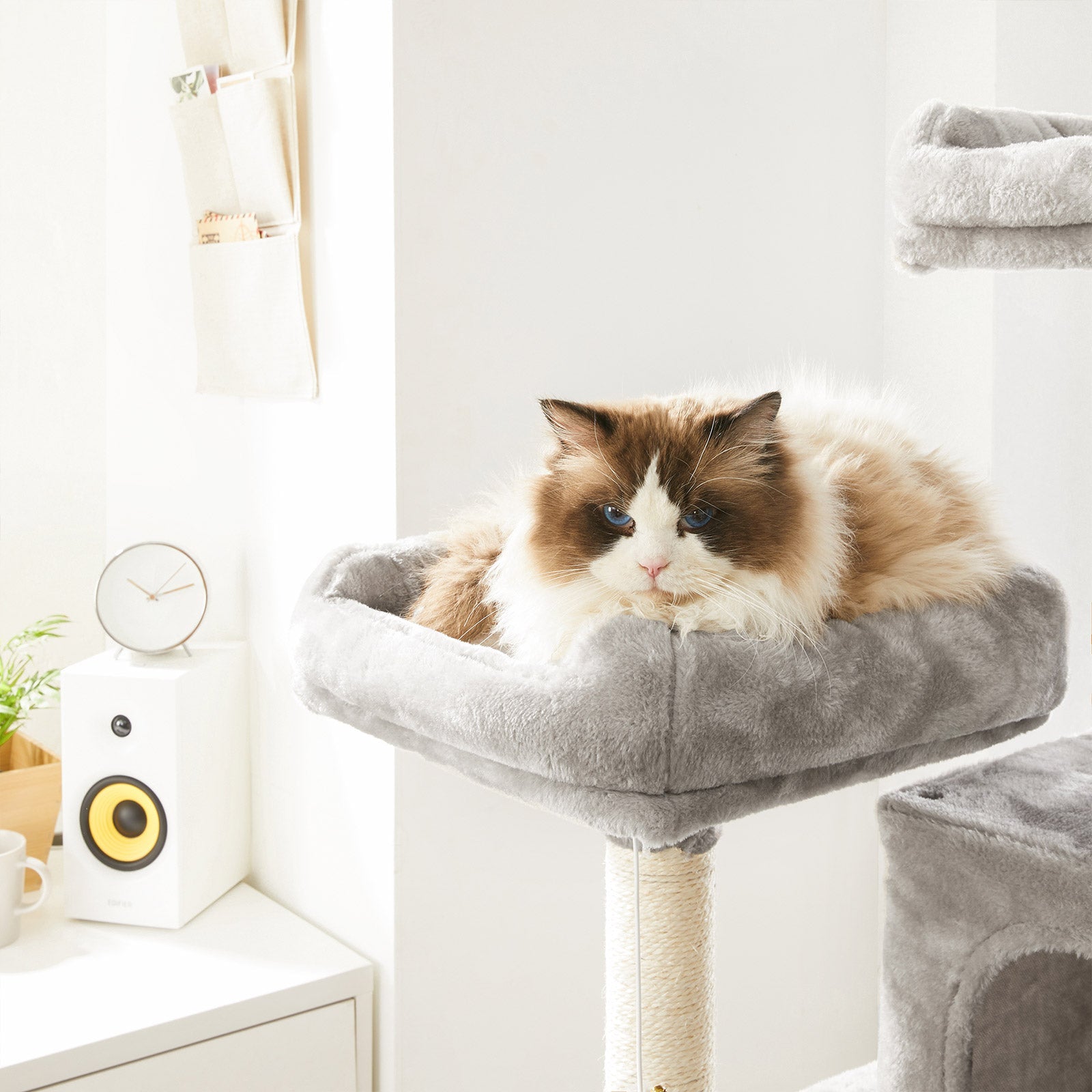 Large Cat Tower - Engineered Wood - Light Grey - Includes Scratching Post and Pompoms