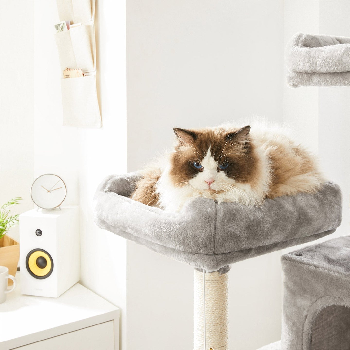 Large Cat Tower - Engineered Wood - Light Grey - Includes Scratching Post and Pompoms