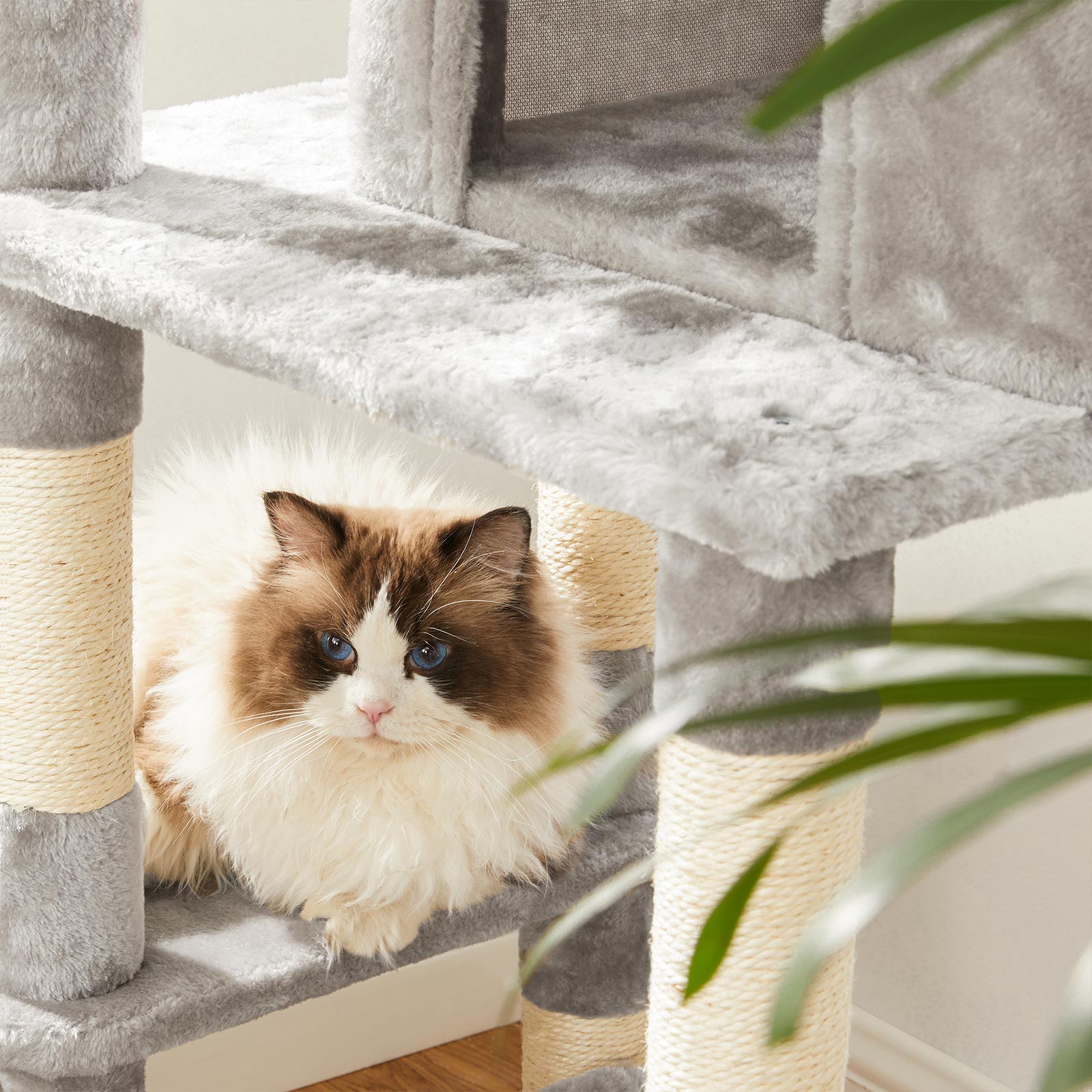 Large Cat Tower - Engineered Wood - Light Grey - Includes Scratching Post and Pompoms