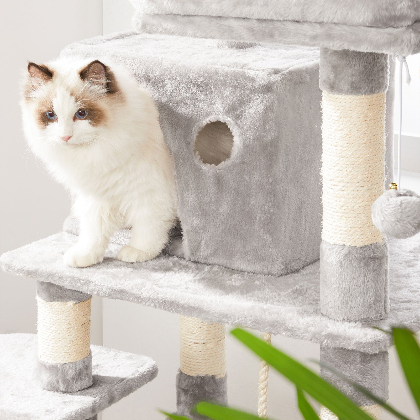 Large Cat Tower - Engineered Wood - Light Grey - Includes Scratching Post and Pompoms