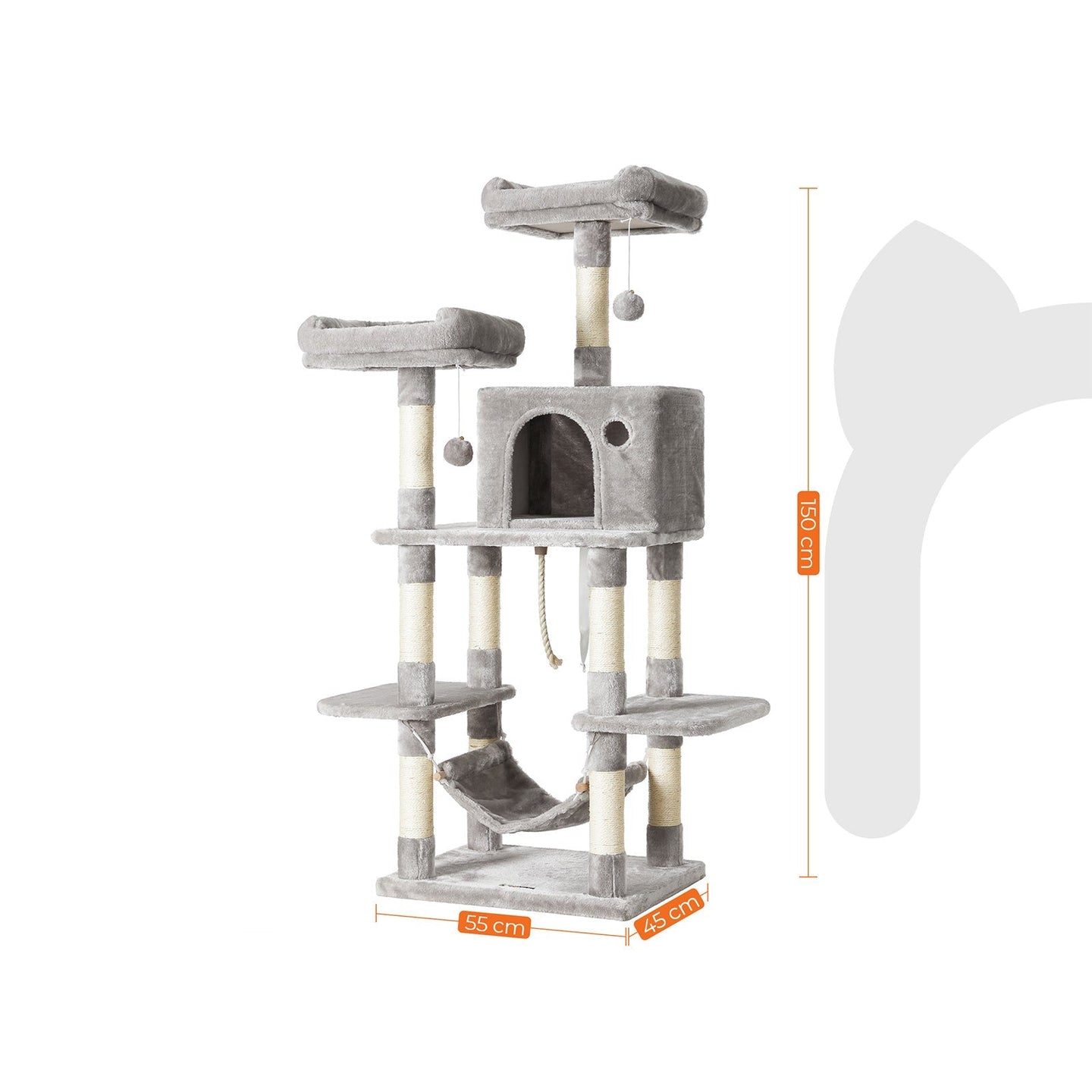 Large Cat Tower - Engineered Wood - Light Grey - Includes Scratching Post and Pompoms