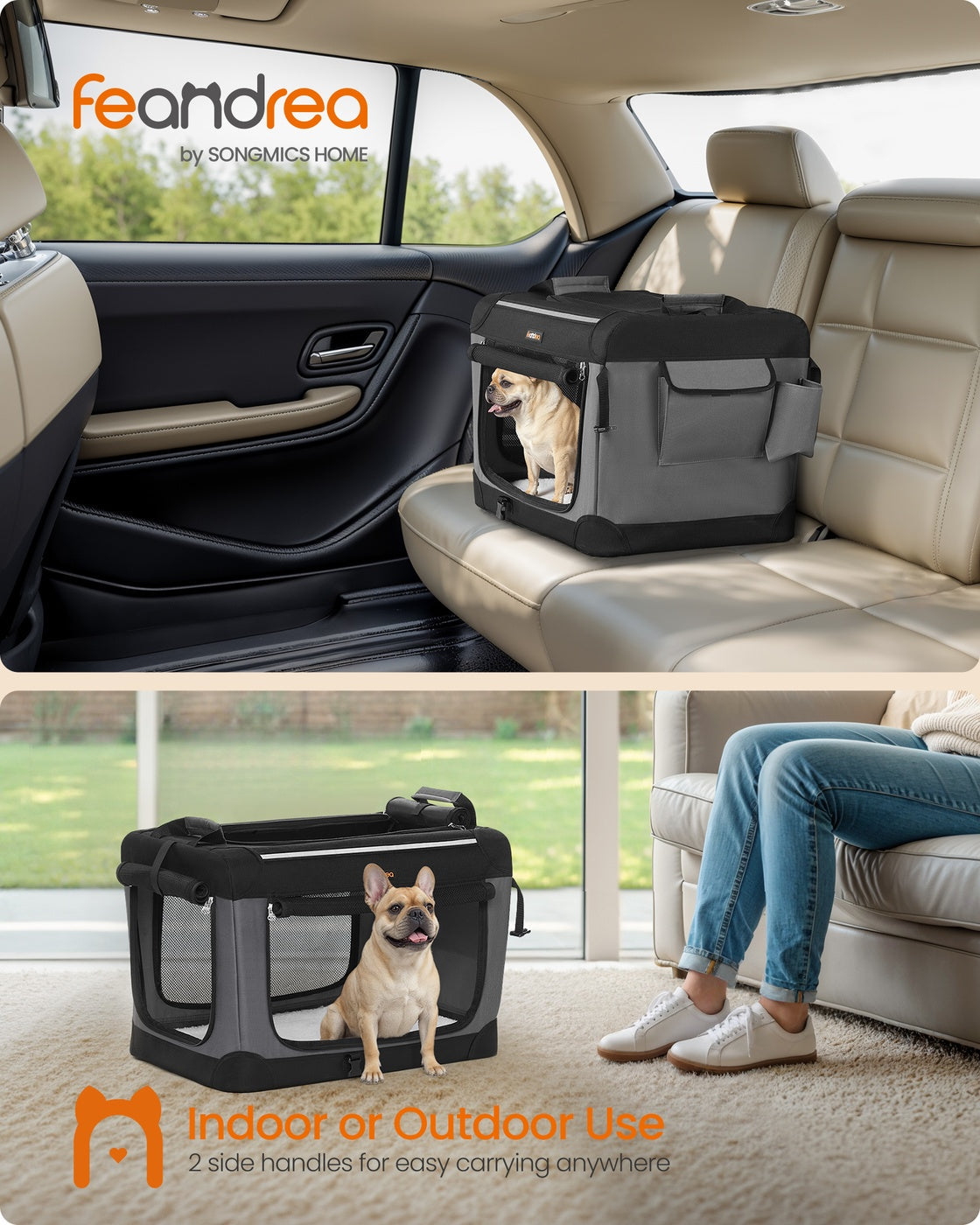 Foldable Dog Crate - Oxford Fabric - Ink Black - Portable and Collapsible with Mesh Doors and Storage Pocket