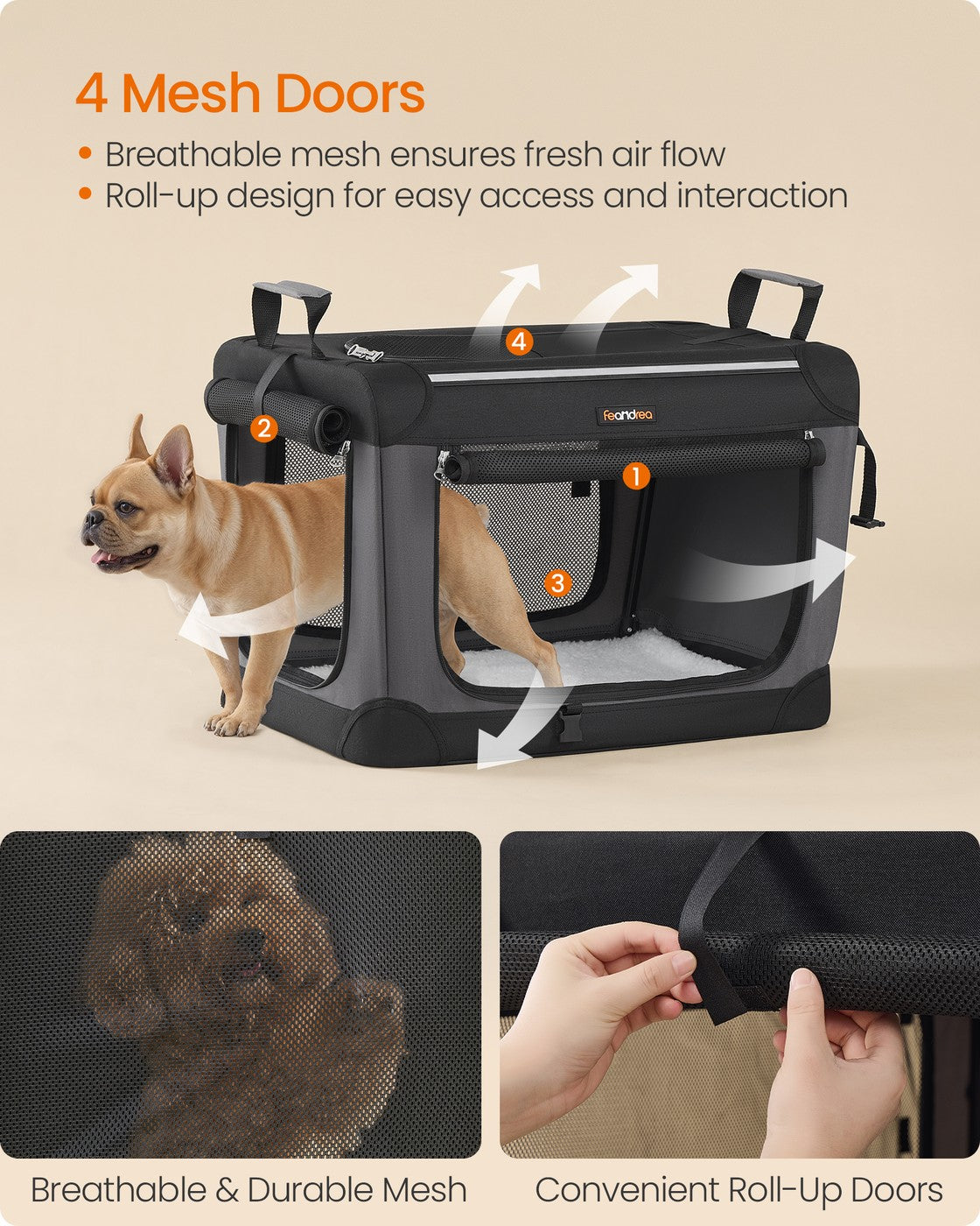 Foldable Dog Crate - Oxford Fabric - Ink Black - Portable and Collapsible with Mesh Doors and Storage Pocket