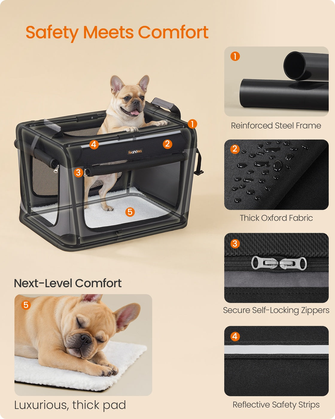 Foldable Dog Crate - Oxford Fabric - Ink Black - Portable and Collapsible with Mesh Doors and Storage Pocket