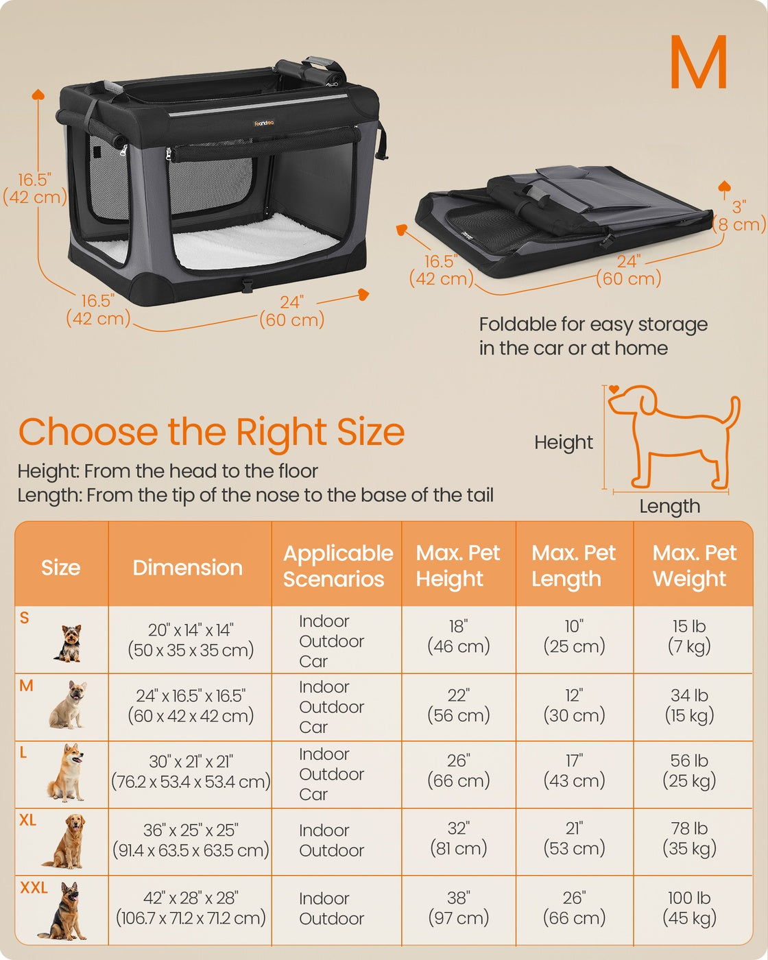 Foldable Dog Crate - 30L - Steel Frame - Portable
