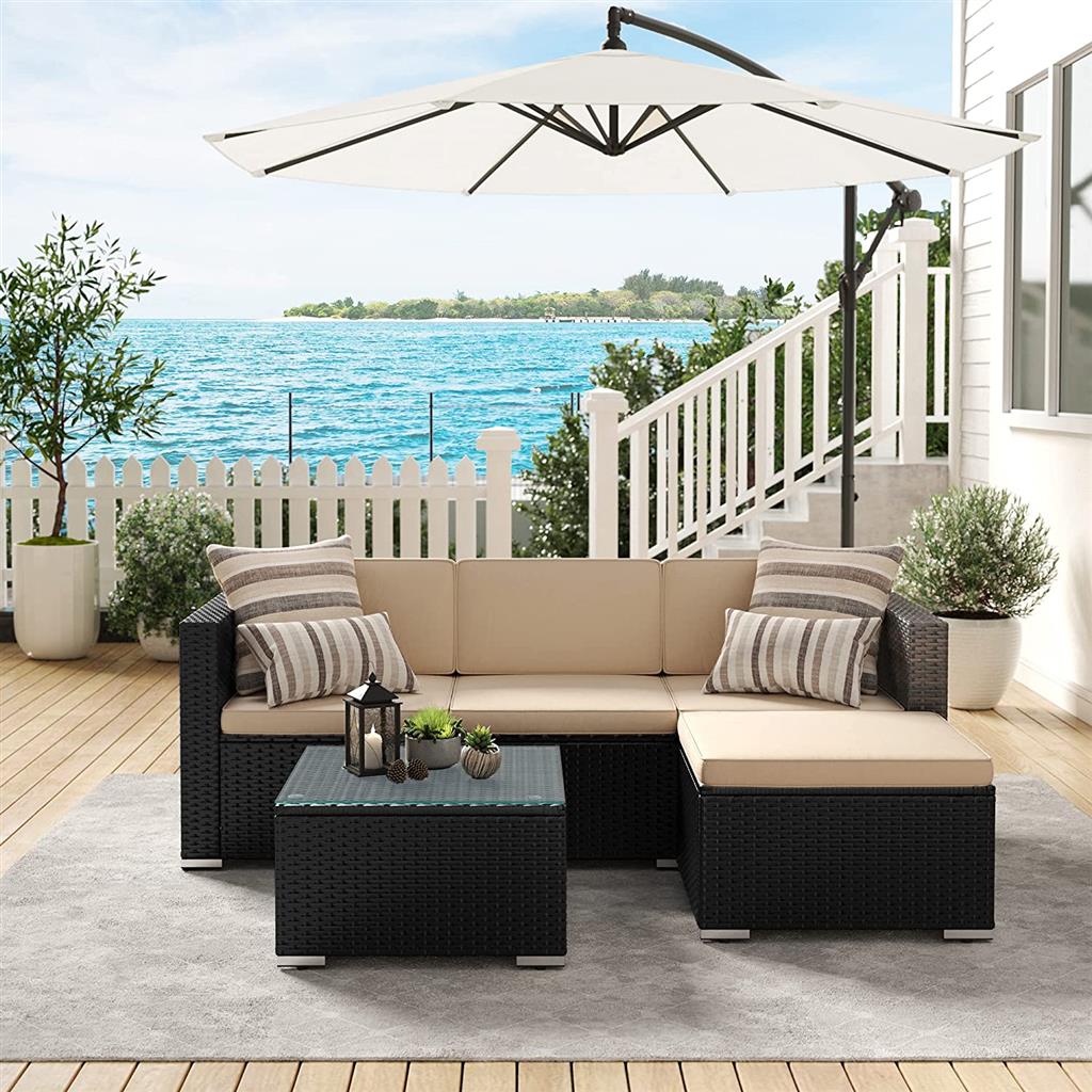 Patio Furniture Set - PE Rattan - Black and Beige - Handwoven with Cushions and Glass Table
