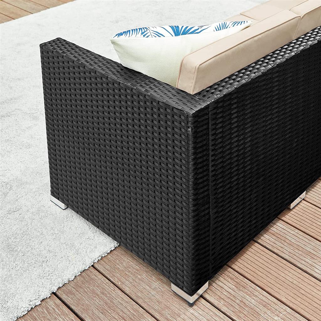 Patio Furniture Set - PE Rattan - Black and Beige - Handwoven with Cushions and Glass Table