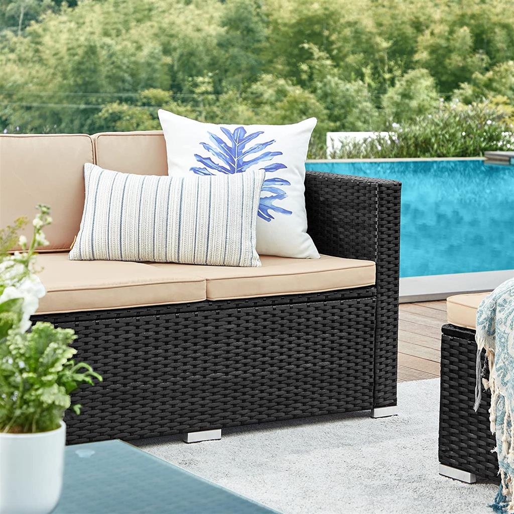 Patio Furniture Set - PE Rattan - Black and Beige - Handwoven with Cushions and Glass Table