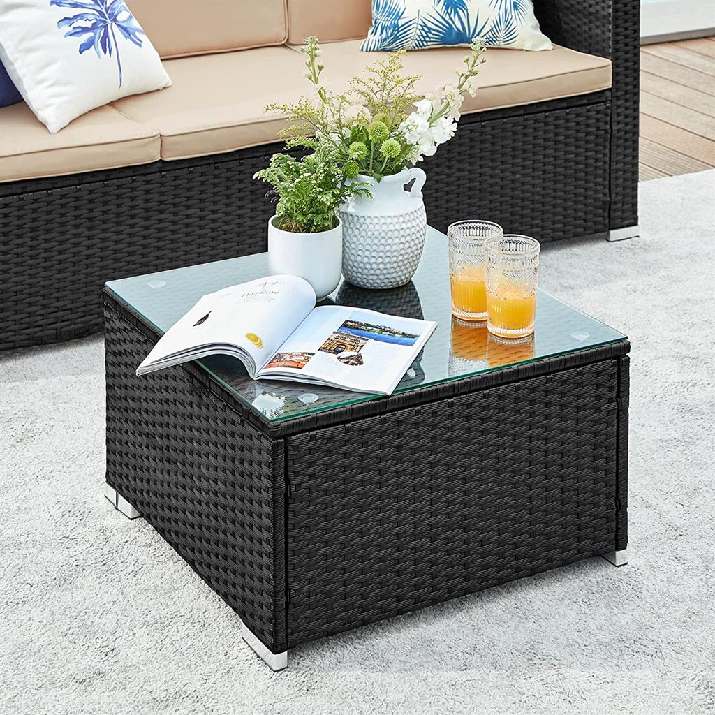 Patio Furniture Set - PE Rattan - Black and Beige - Handwoven with Cushions and Glass Table