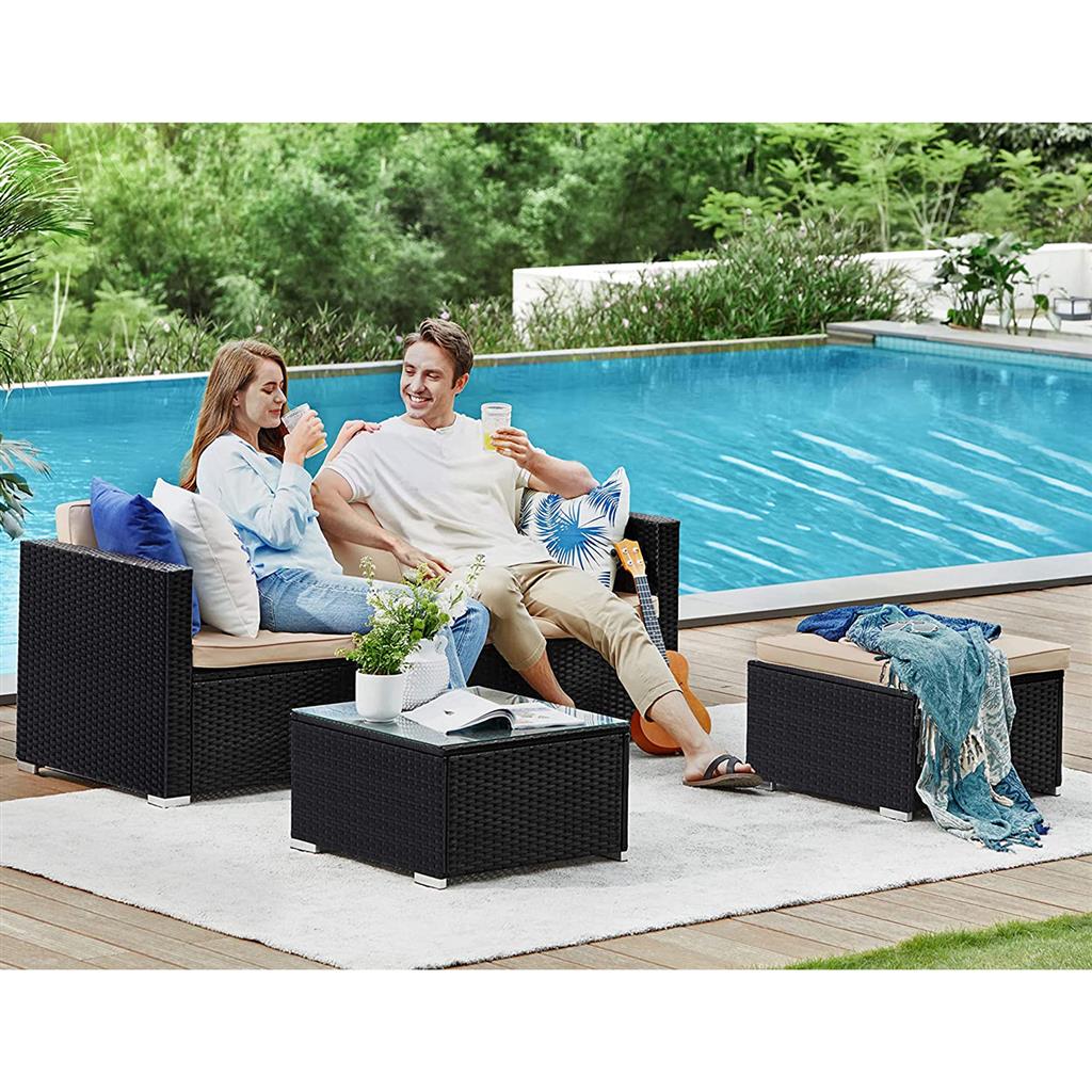 Patio Furniture Set - PE Rattan - Black and Beige - Handwoven with Cushions and Glass Table