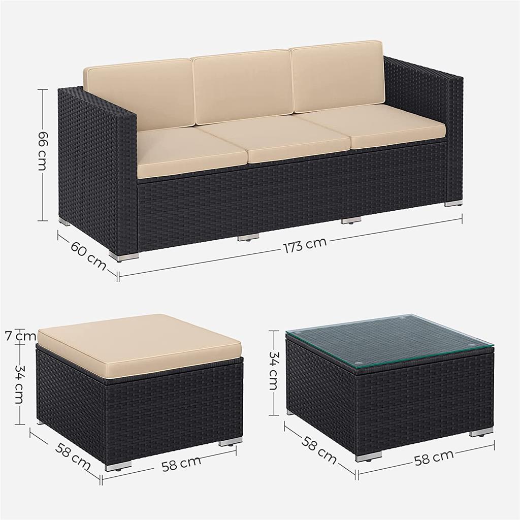 Patio Furniture Set - PE Rattan - Black and Beige - Handwoven with Cushions and Glass Table