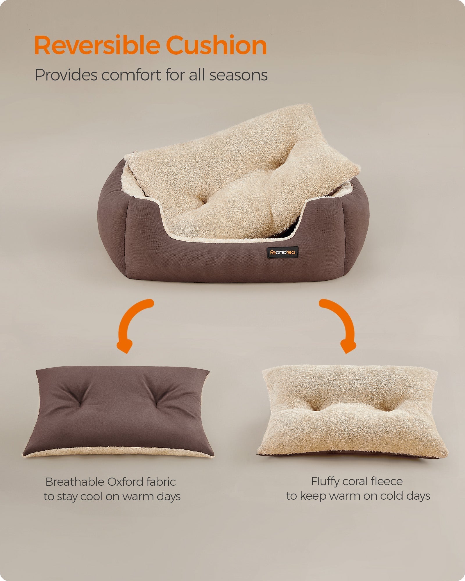 Dog Bed - Soft Fabric - Coffee Brown - Large Washable with Removable Reversible Cushion