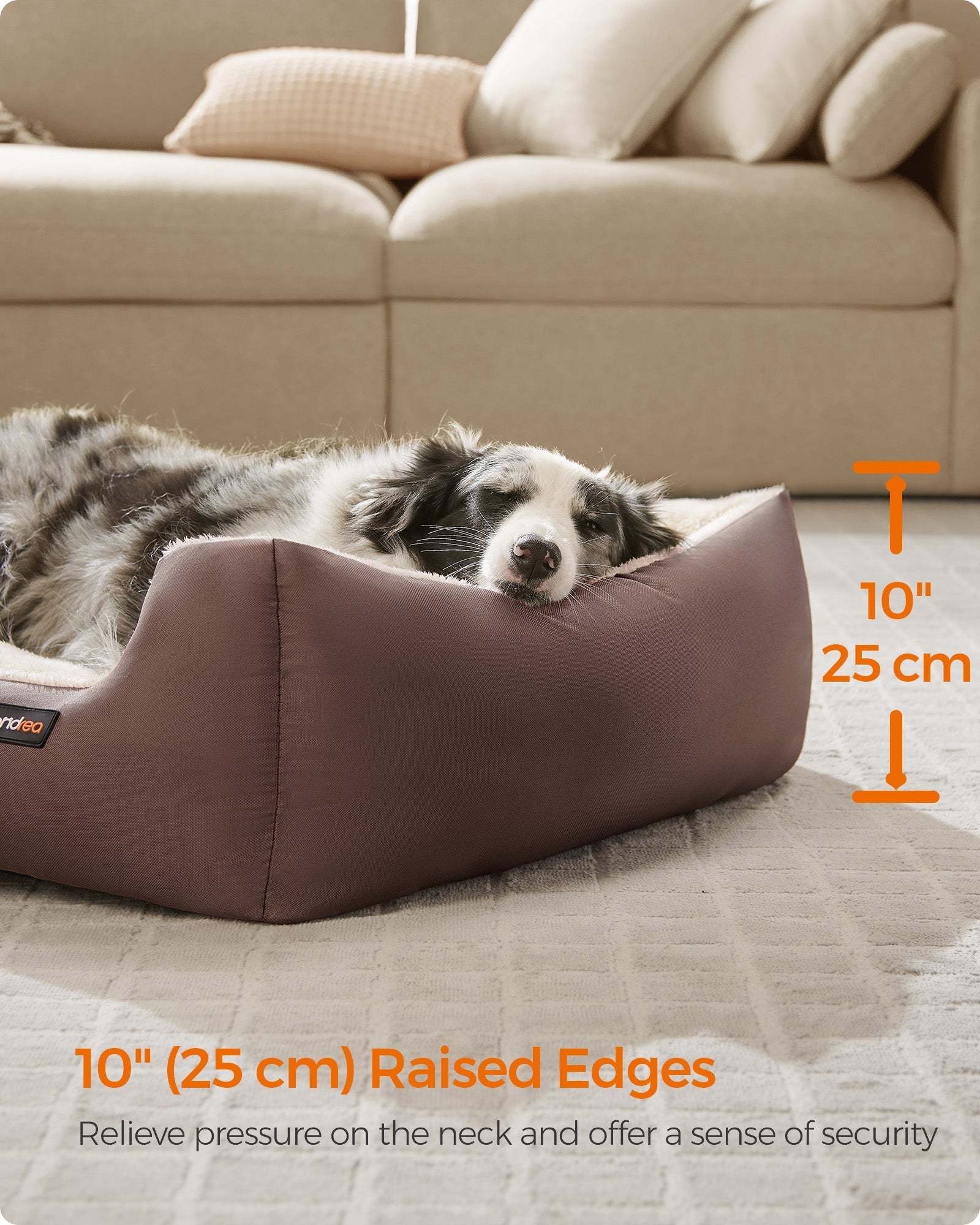 Large Dog Bed - Soft Fabric - Coffee Brown - Washable with Removable Reversible Cushion