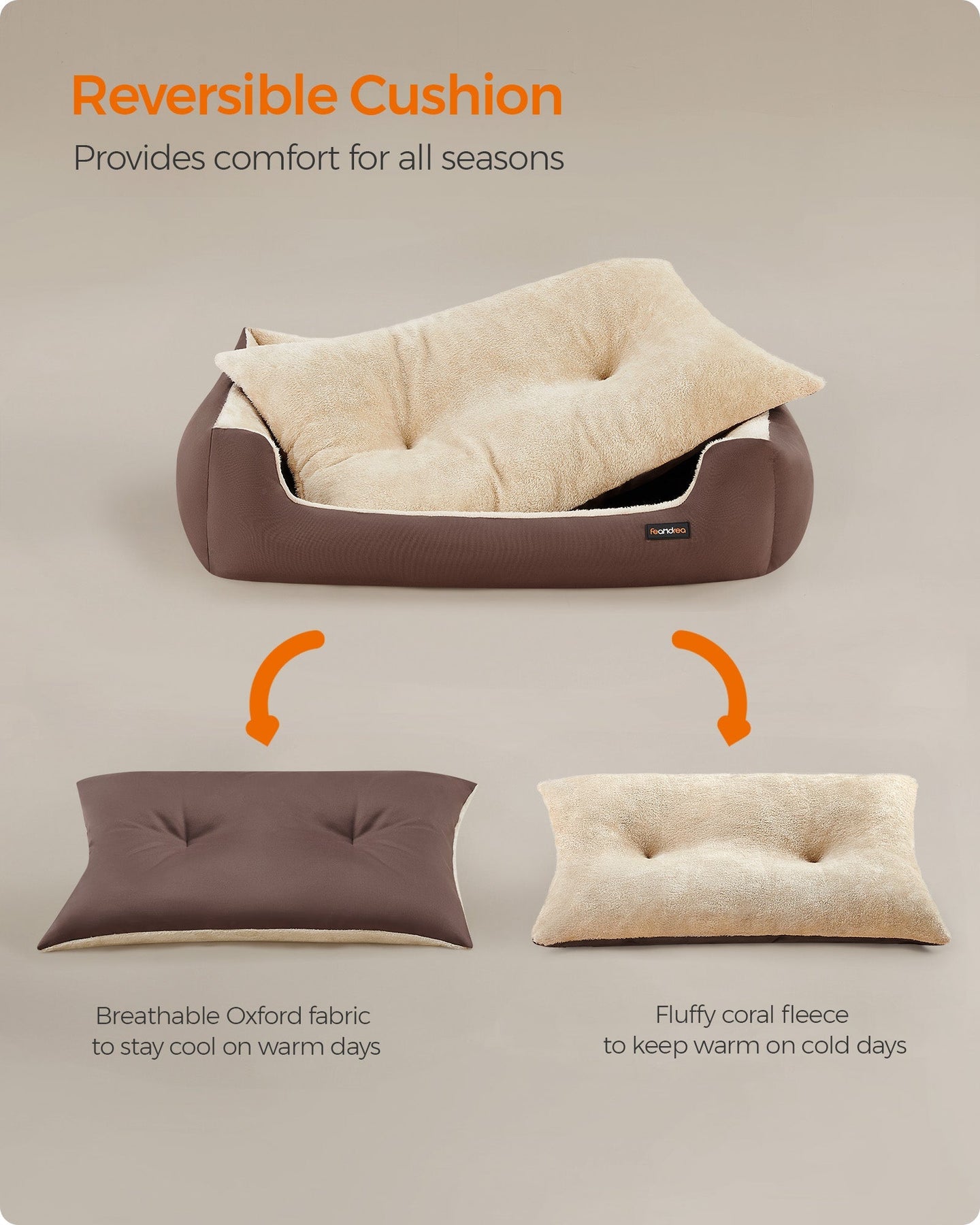 Large Dog Bed - Soft Fabric - Coffee Brown - Washable with Removable Reversible Cushion