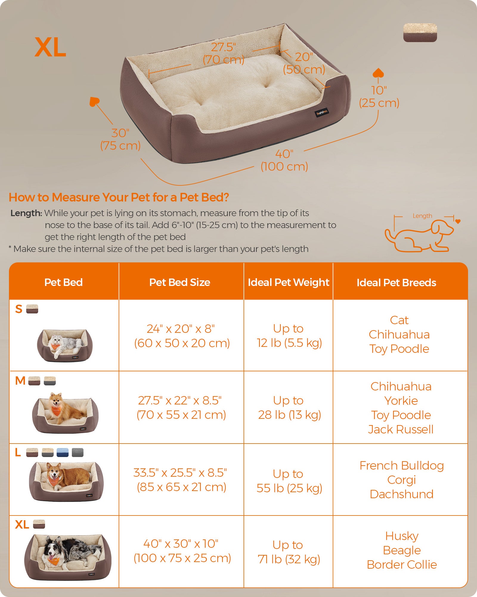 Large Dog Bed - Soft Fabric - Coffee Brown - Washable with Removable Reversible Cushion