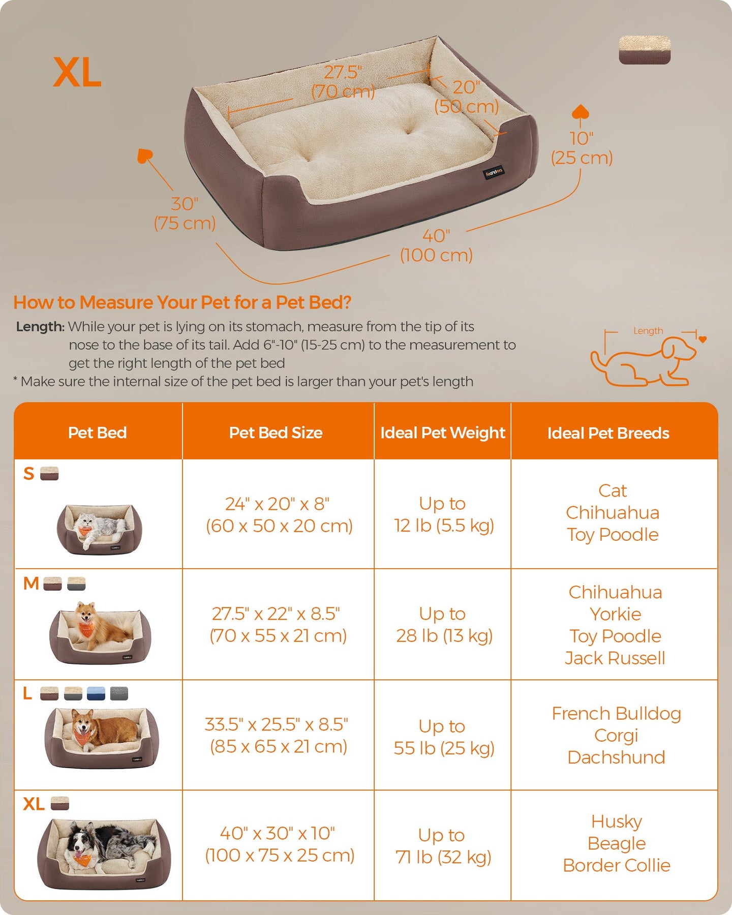 Large Dog Bed - Soft Fabric - Coffee Brown - Washable with Removable Reversible Cushion