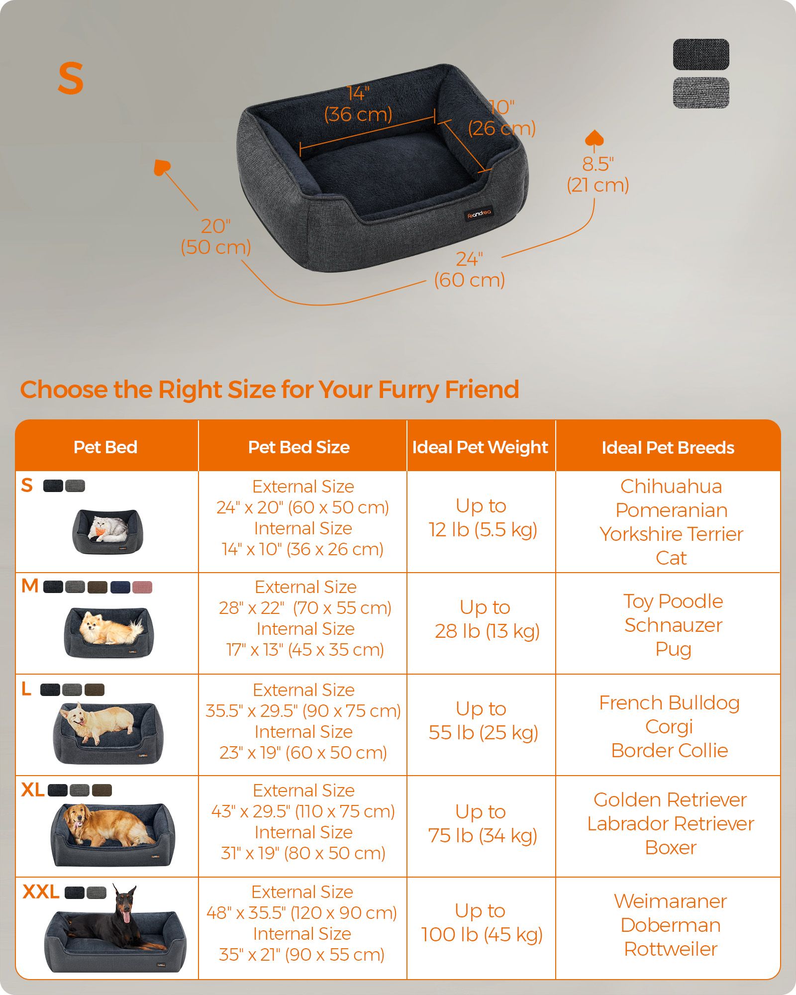 Dog Bed - Linen-Look Fabric - Dark Grey - Washable with Raised Edges and Non-Slip Bottom