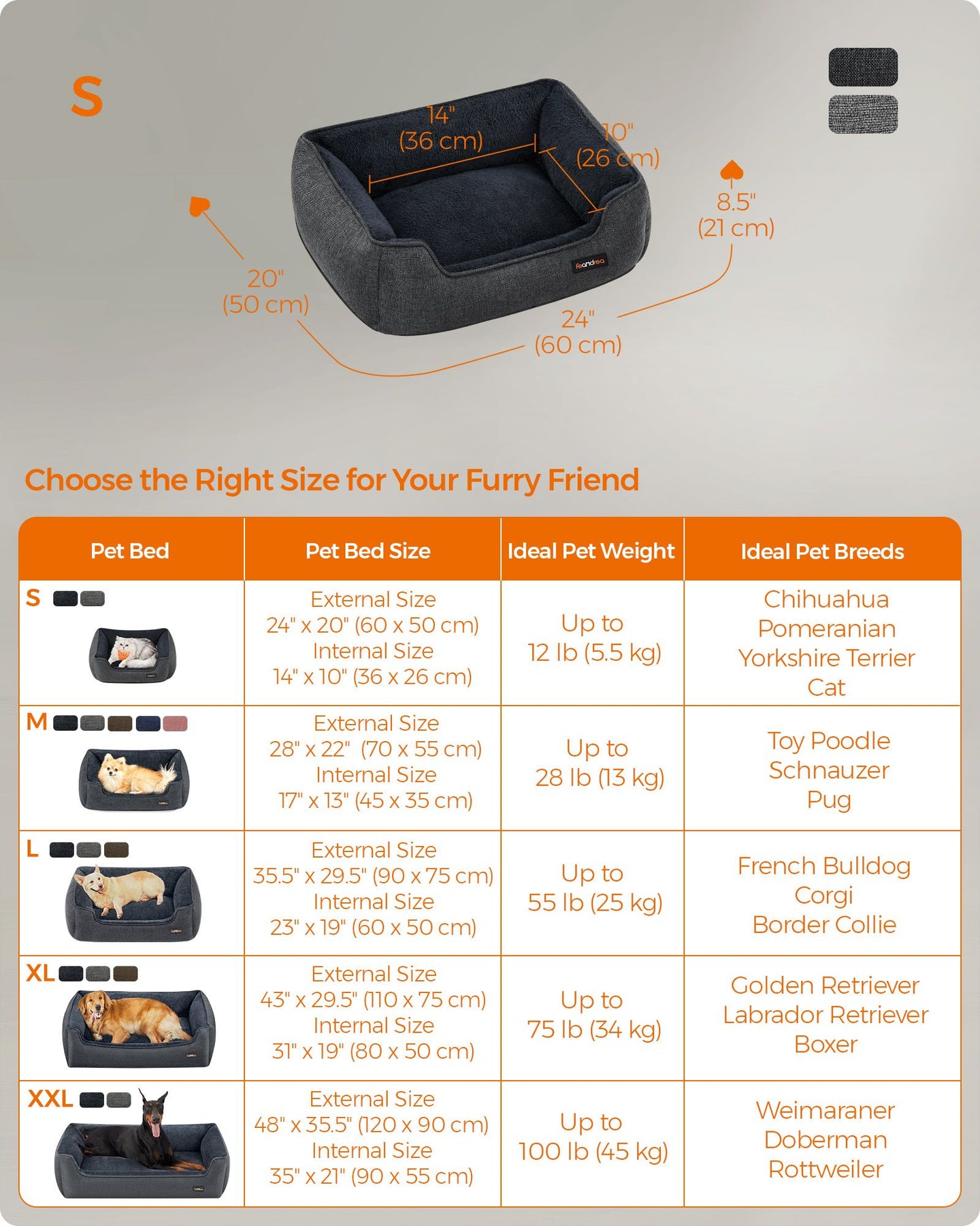 Dog Bed - Linen-Look Fabric - Dark Grey - Washable with Raised Edges and Non-Slip Bottom